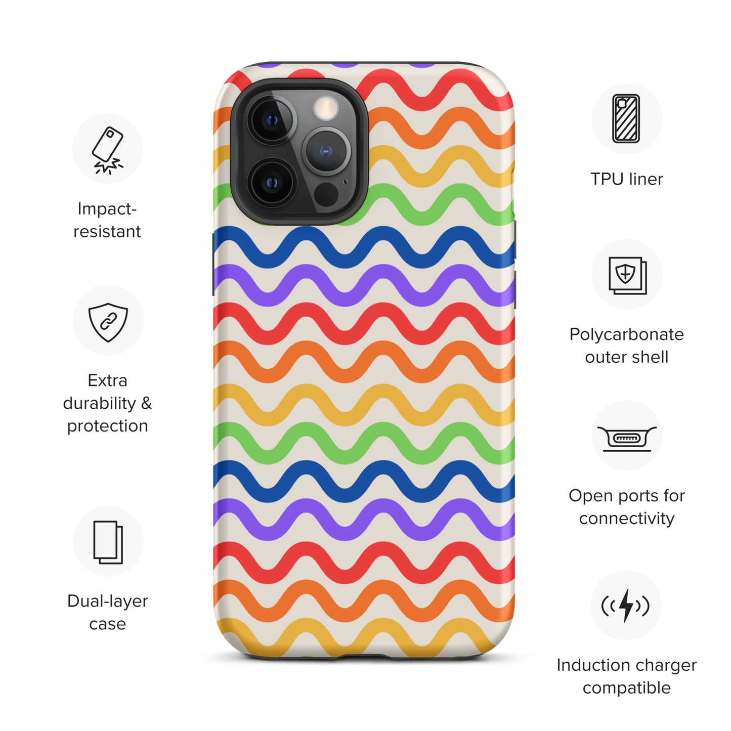 Phone Case with wavy rainbow pattern for iPhone, featuring impact-resistant, dual-layer design, TPU liner, polycarbonate shell.