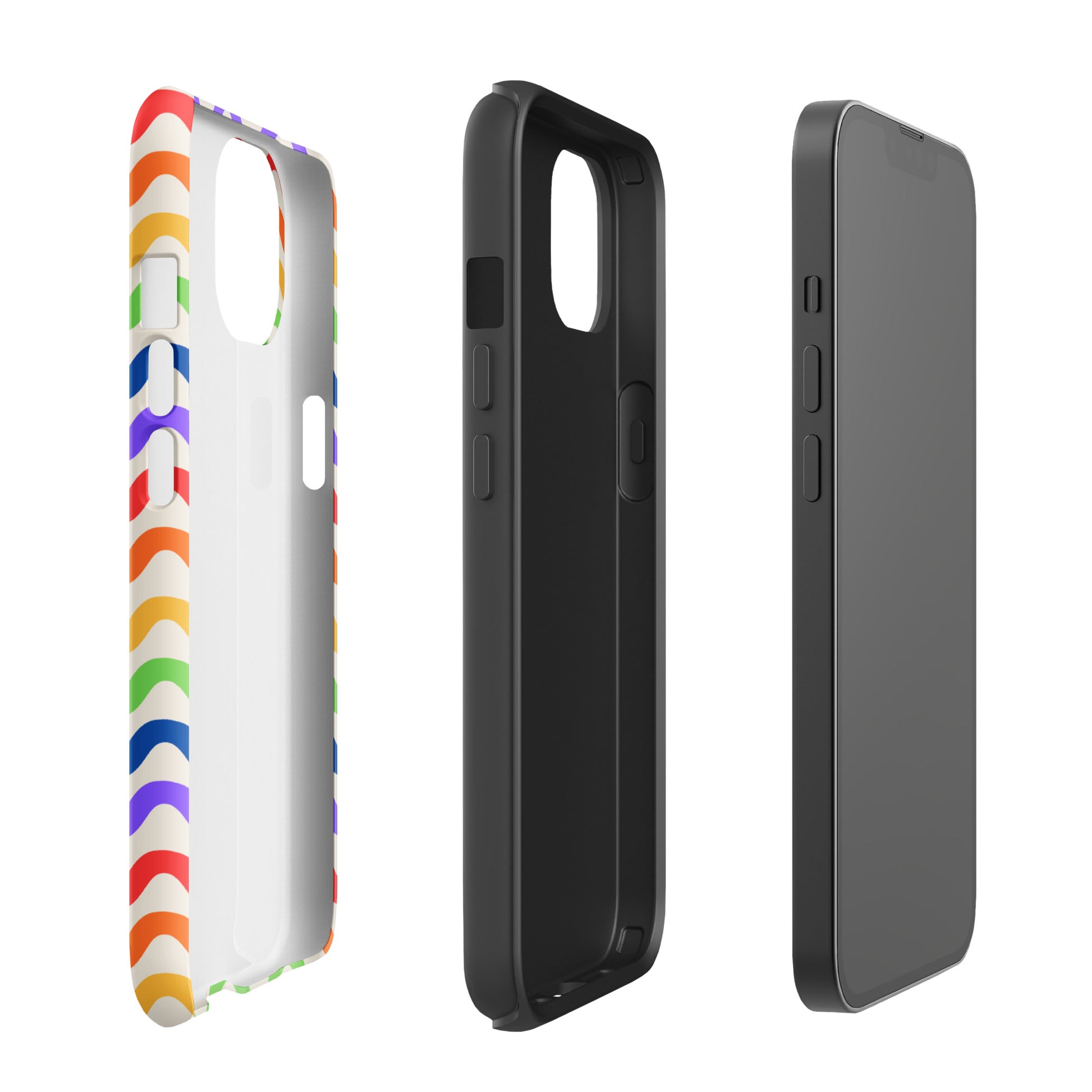 Phone Case for iPhone with colorful wavy rainbow design shown in three-piece view; tough and playful style for protection and flair.