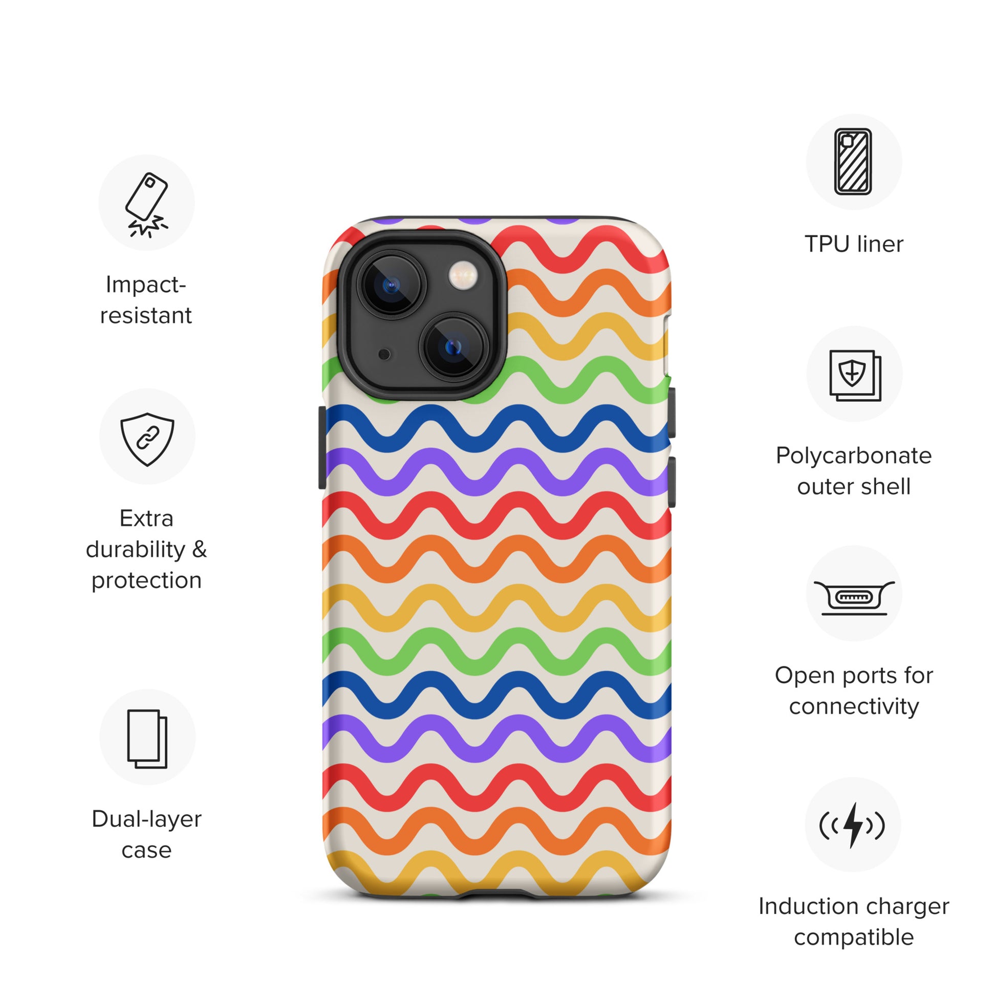 Phone Case for iPhone with wavy rainbow design, durable dual-layer protection, impact-resistant, playful style.