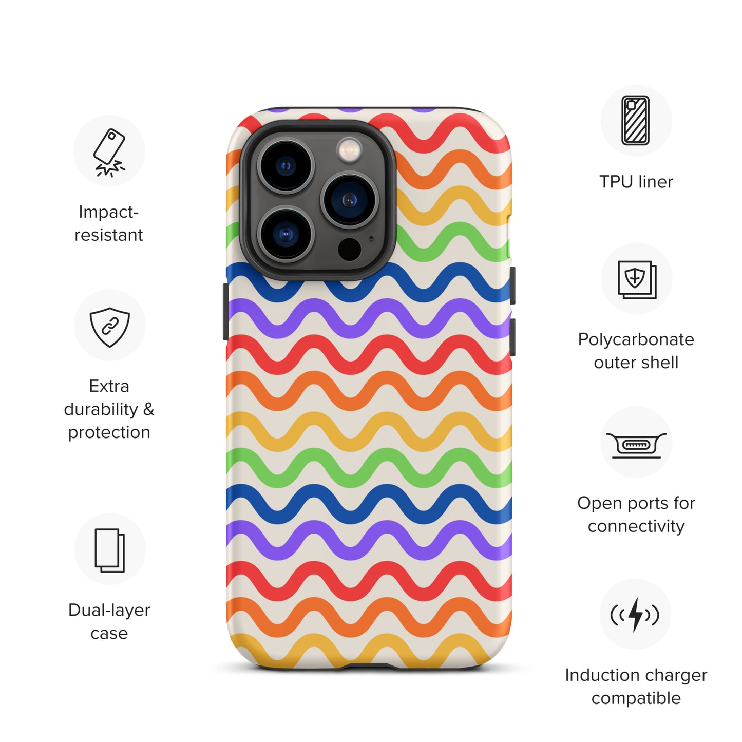 Phone Case for iPhone with wavy rainbow groove design, showcasing impact-resistant and durable features, compatible with induction chargers.