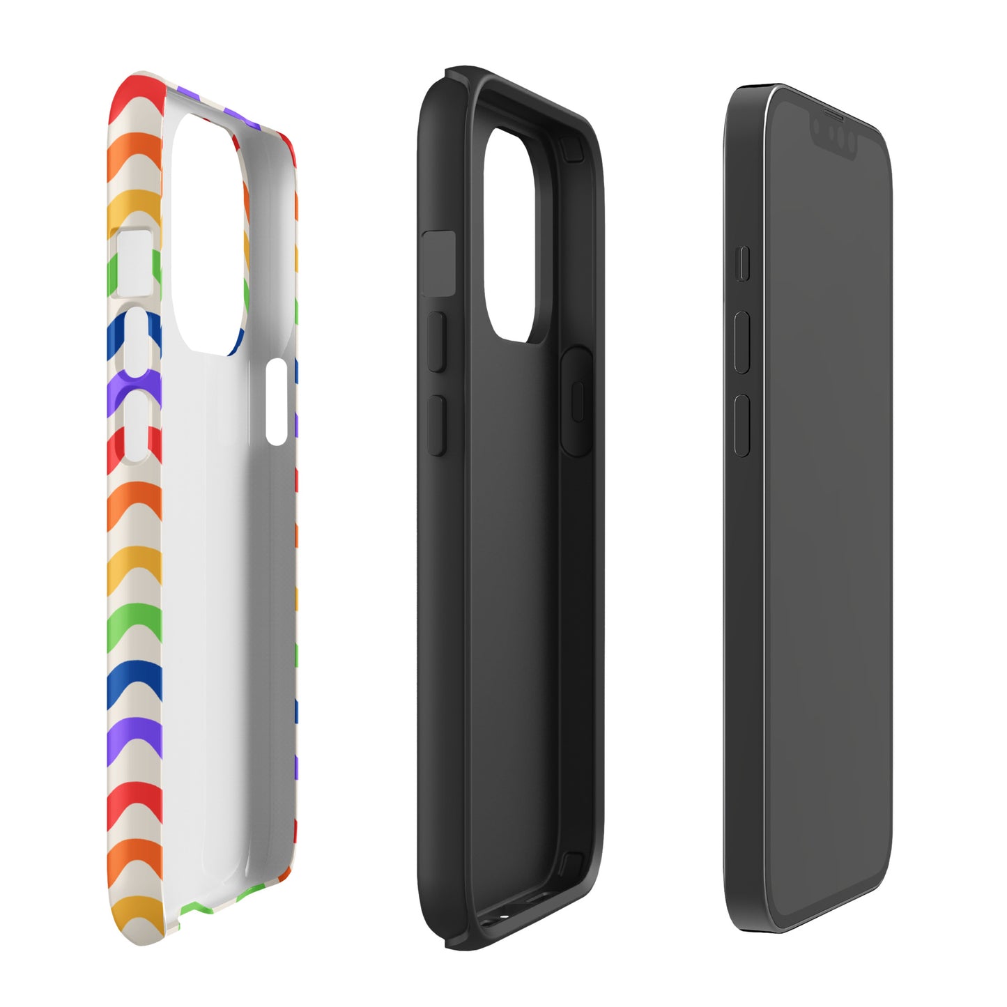 Phone Case for iPhone with wavy rainbow design showcasing tough, playful style; vibrant colors on a white backdrop offering device protection.
