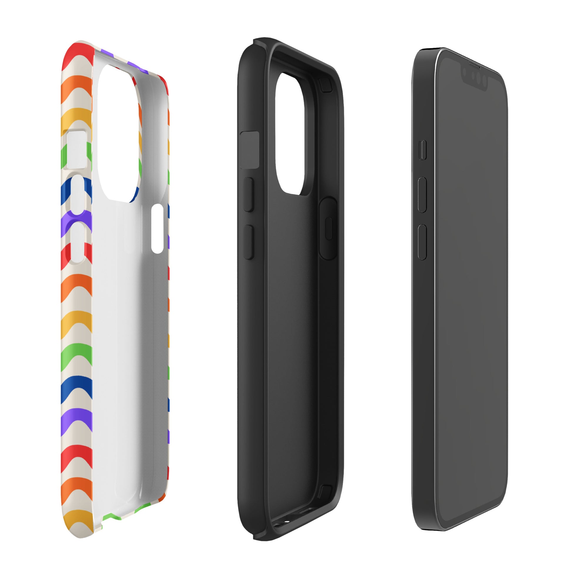 Phone Case for iPhone with wavy rainbow design showcasing tough, playful style; vibrant colors on a white backdrop offering device protection.