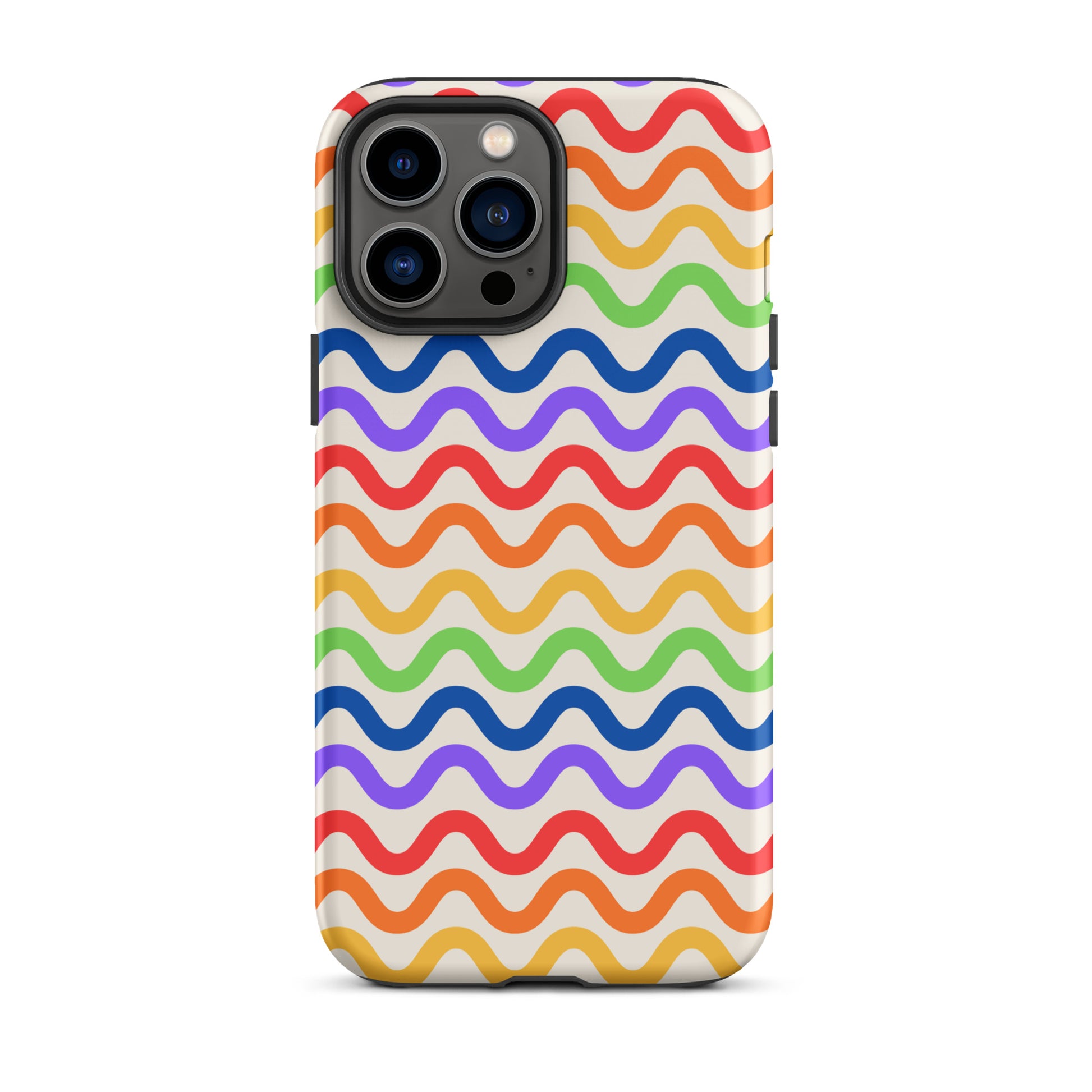 Phone Case for iPhone with wavy rainbow pattern in purple, red, orange, yellow, green, and blue on white background.