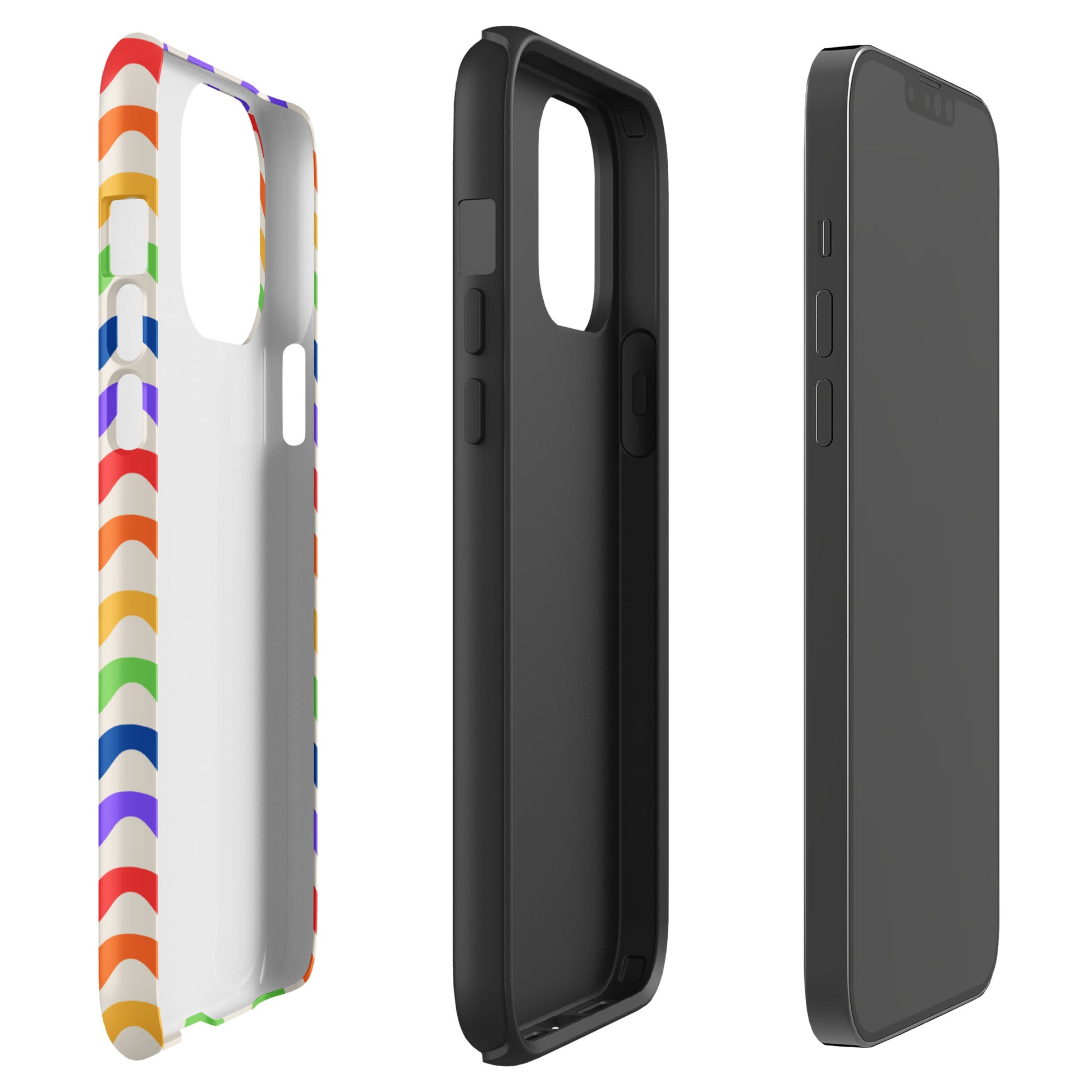 Phone Case for iPhone with colorful wavy rainbow design and robust build for protection, showcasing joyful and playful style.