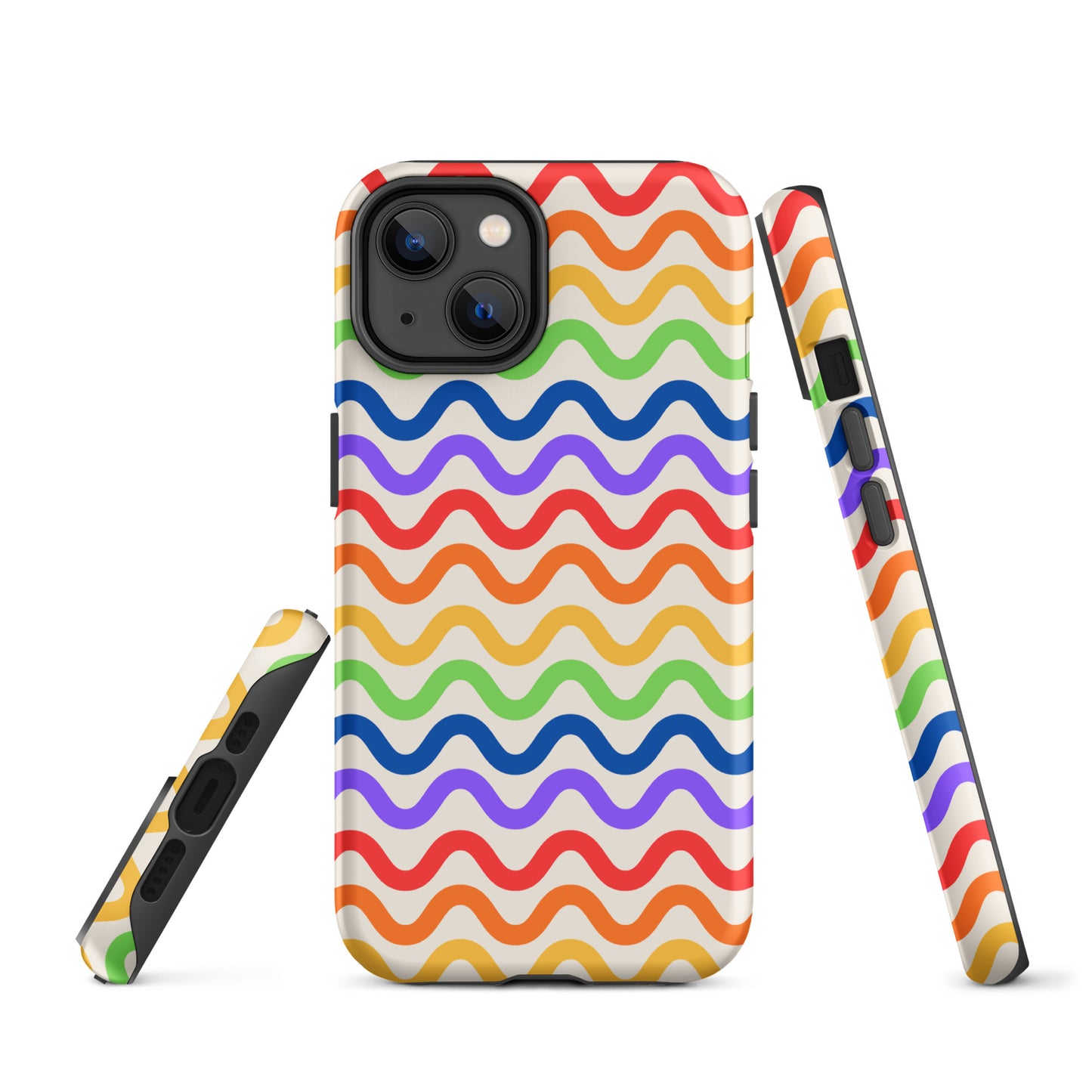 Phone Case for iPhone with wavy rainbow pattern, showcasing vibrant colors and tough design.