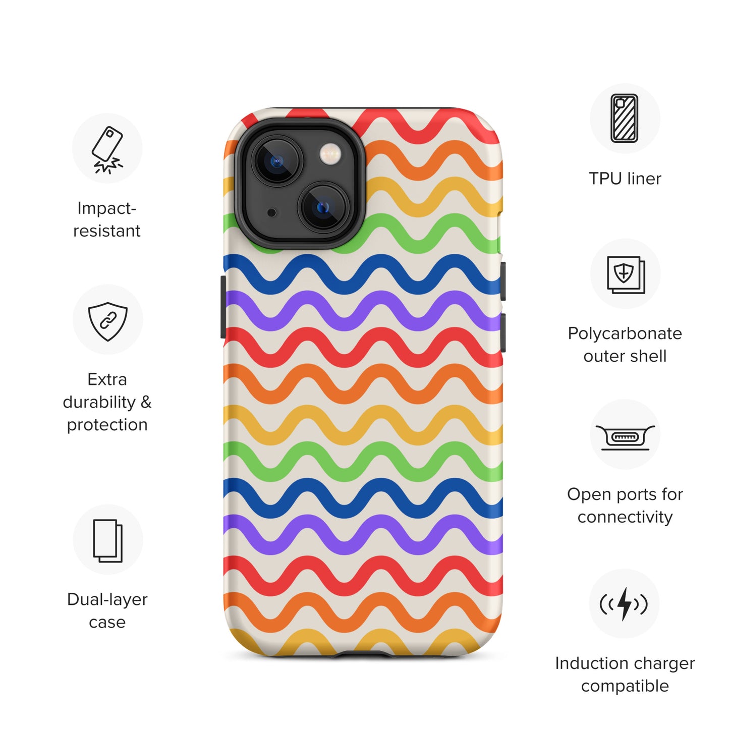 Phone Case with wavy rainbow pattern for iPhone, impact-resistant and durable, featuring TPU liner and polycarbonate shell.