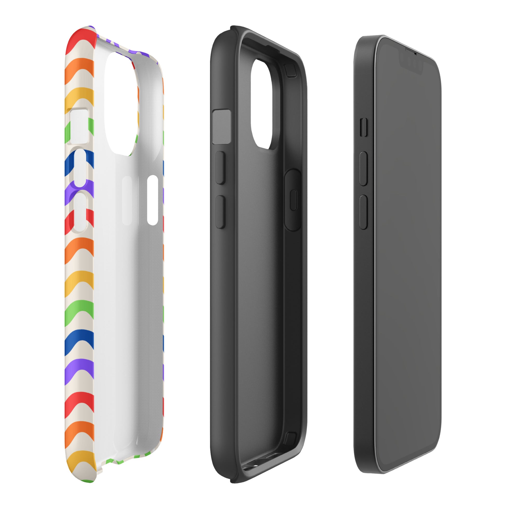 Phone Case for iPhone with wavy rainbow pattern and three layers for durability and style.
