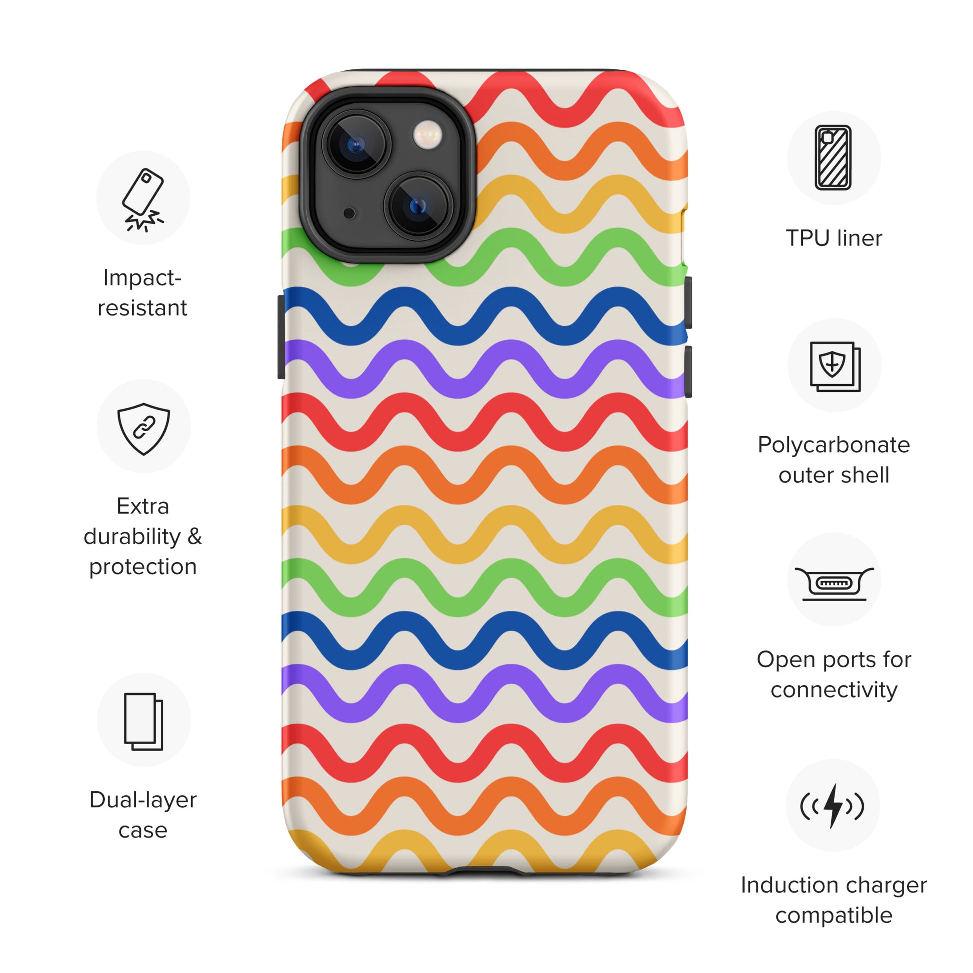 Phone Case for iPhone with wavy rainbow groove design and impact-resistant dual-layer protection featuring induction charger compatibility.