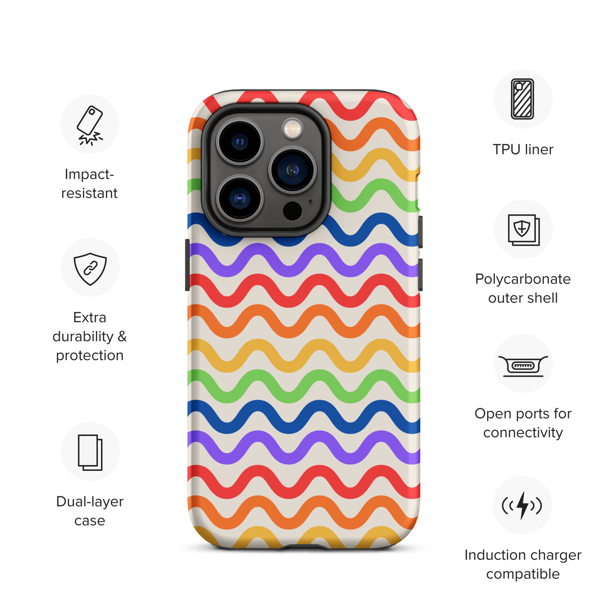 Phone Case for iPhone with wavy rainbow pattern and impact-resistant features