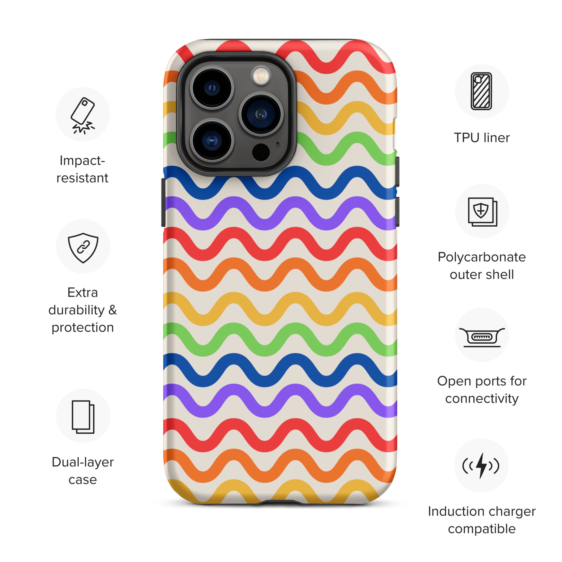 Phone Case for iPhone with wavy rainbow groove pattern featuring impact-resistant, dual-layer design, TPU liner, and polycarbonate shell.