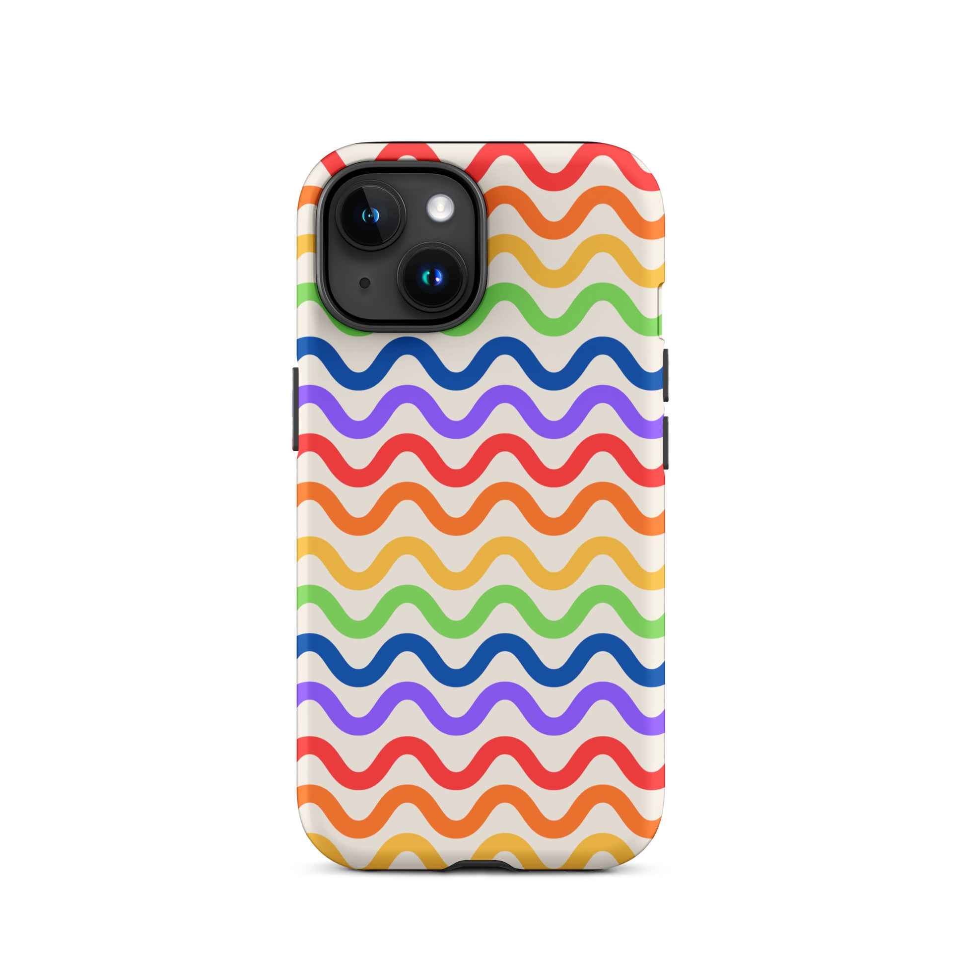 Phone Case for iPhone with wavy rainbow pattern in purple, red, orange, yellow, green, and blue on a white background.