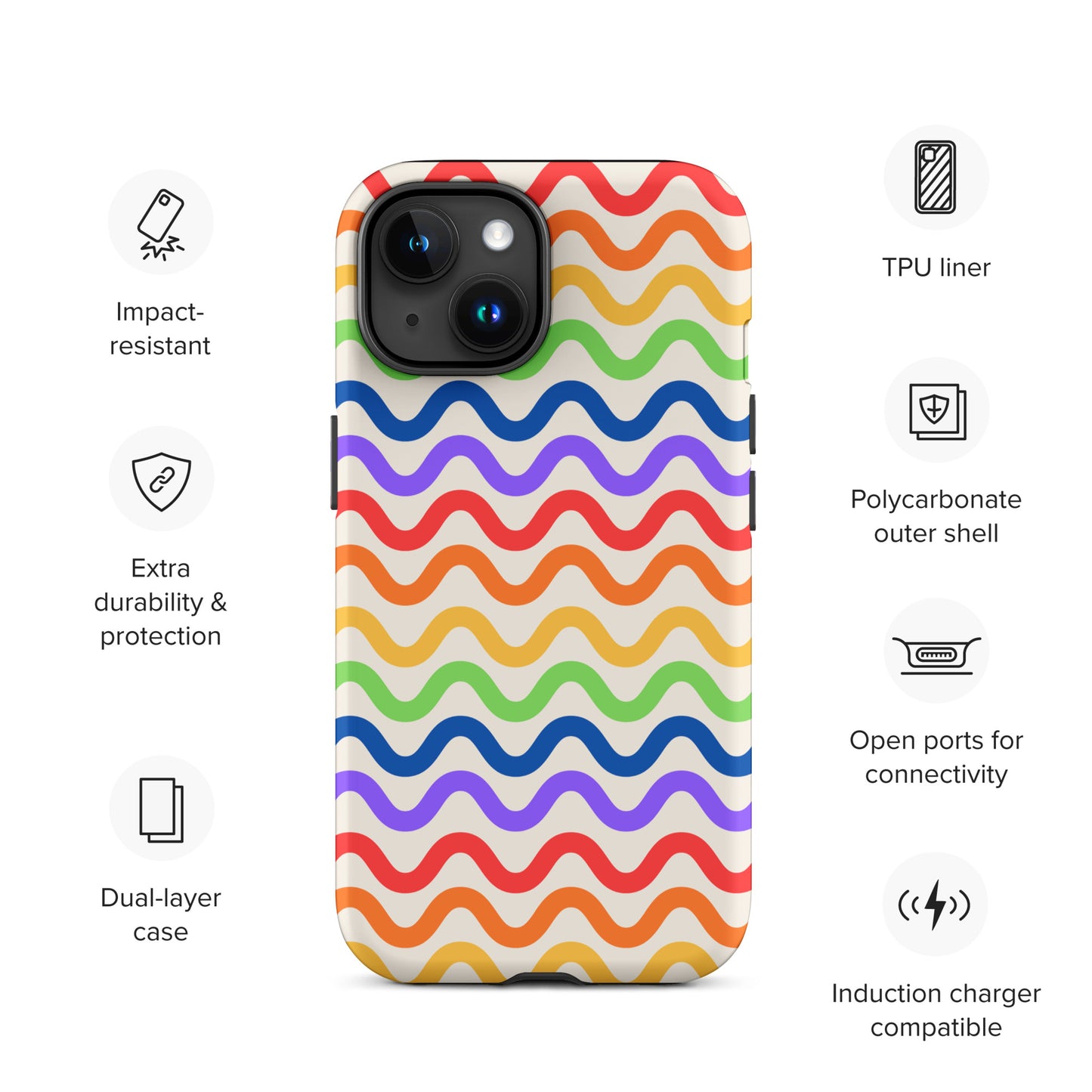 Phone Case with wavy rainbow design for iPhone featuring impact-resistant, polycarbonate shell, and open port accessibility.