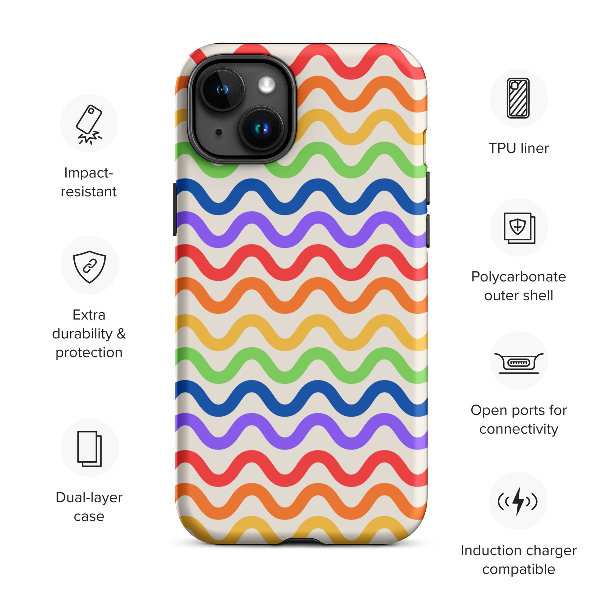 Phone Case for iPhone with wavy rainbow design, featuring impact resistance, TPU liner, polycarbonate shell, and induction charger compatibility.