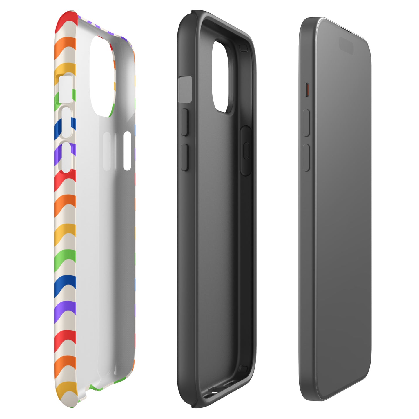 Phone Case for iPhone with wavy rainbow design, offering playful style and robust protection on a soft white backdrop