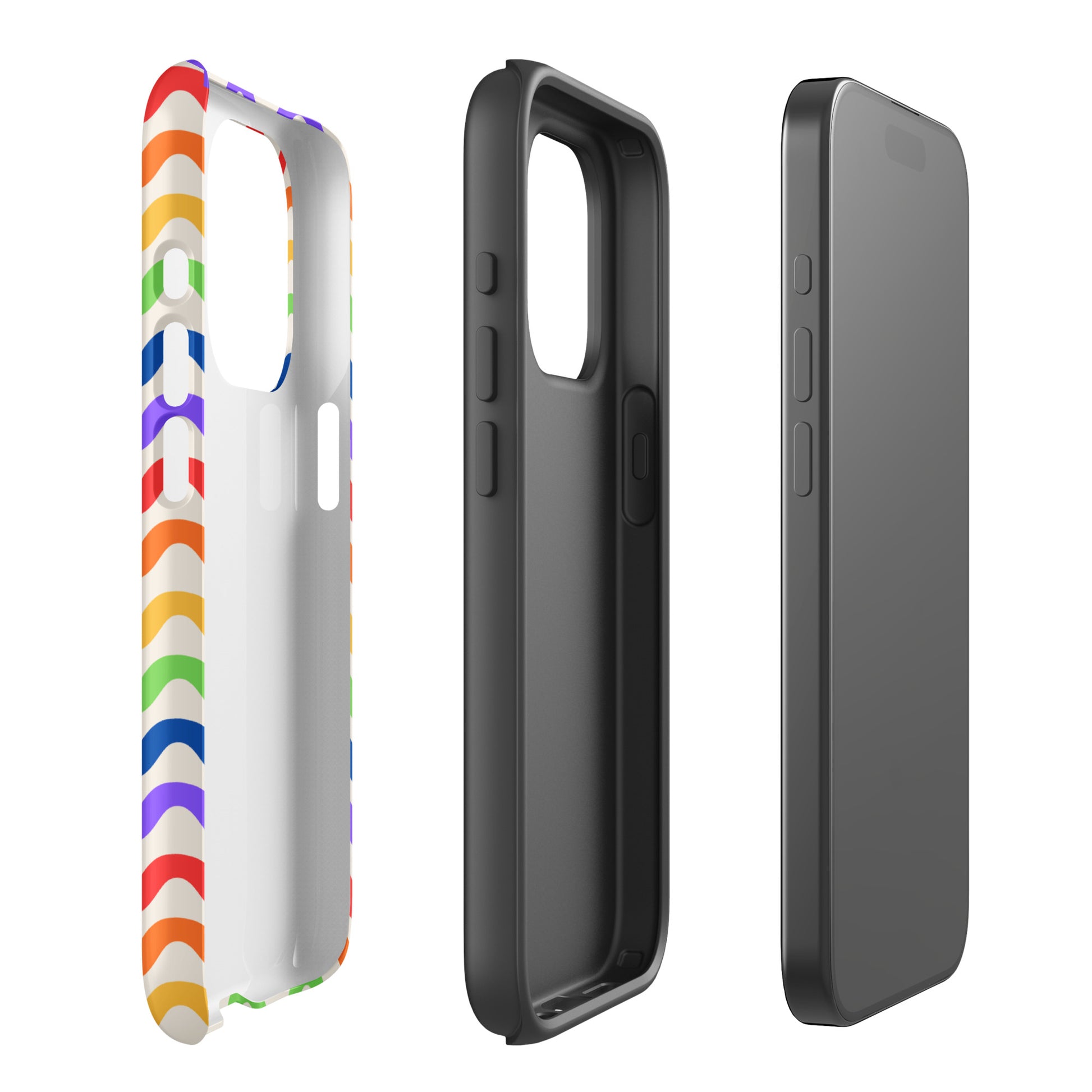 Phone Case for iPhone with wavy rainbow pattern, showcasing tough protective layers in vibrant colors and fun style.