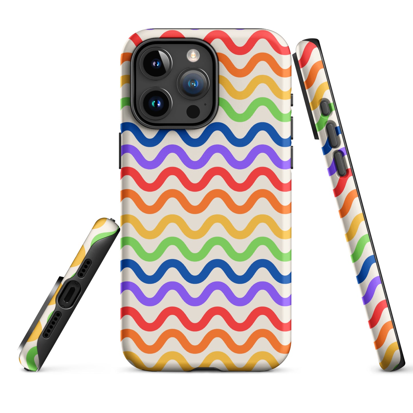 Phone Case for iPhone with wavy rainbow pattern in vibrant colors, providing tough and playful protection for your device.