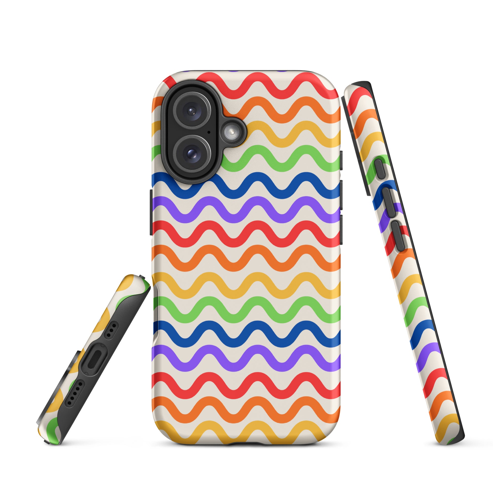 Phone Case for iPhone with wavy rainbow pattern offering tough and playful style, showcasing vibrant colors on a soft white backdrop.