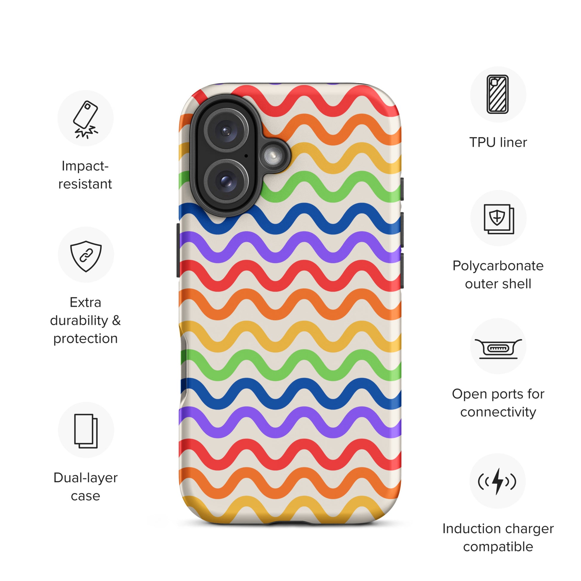 Phone Case for iPhone in wavy rainbow pattern with impact-resistant features and colorful design.