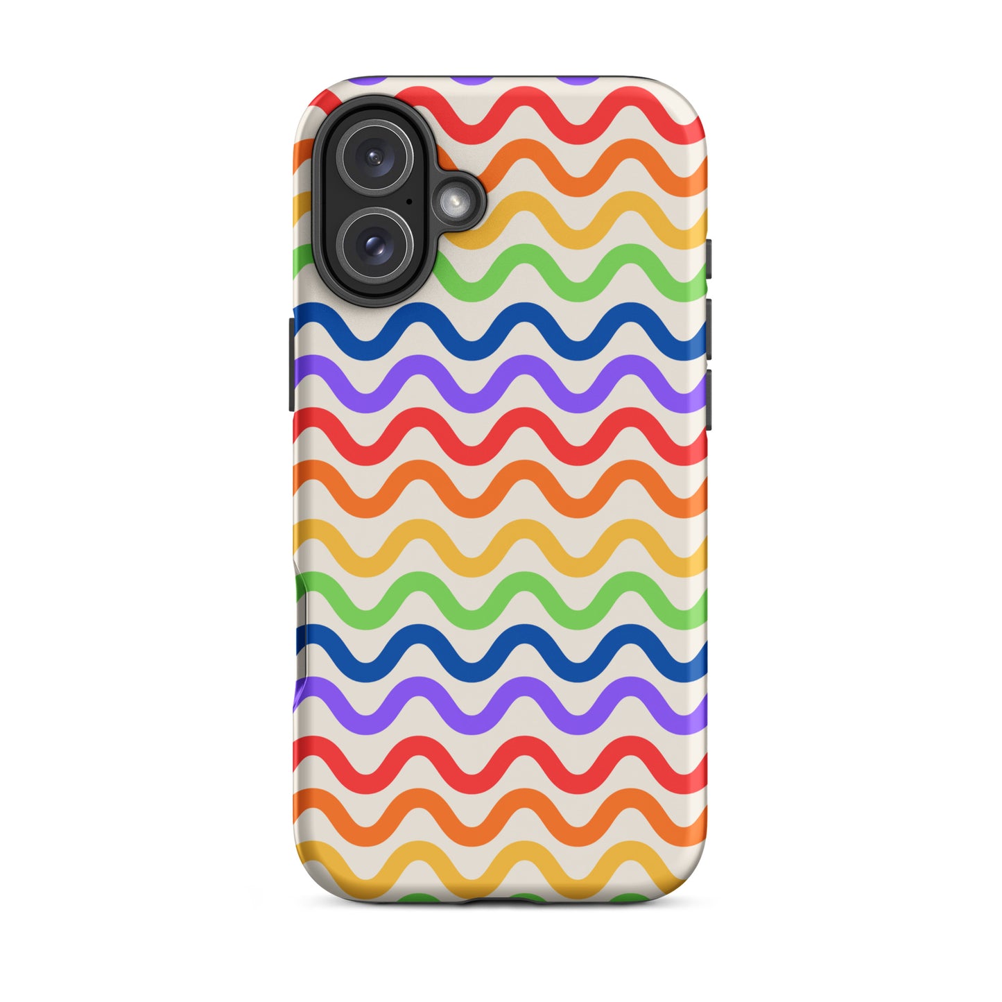 Phone Case for iPhone with wavy rainbow pattern, showcasing vibrant colors and tough playful style.