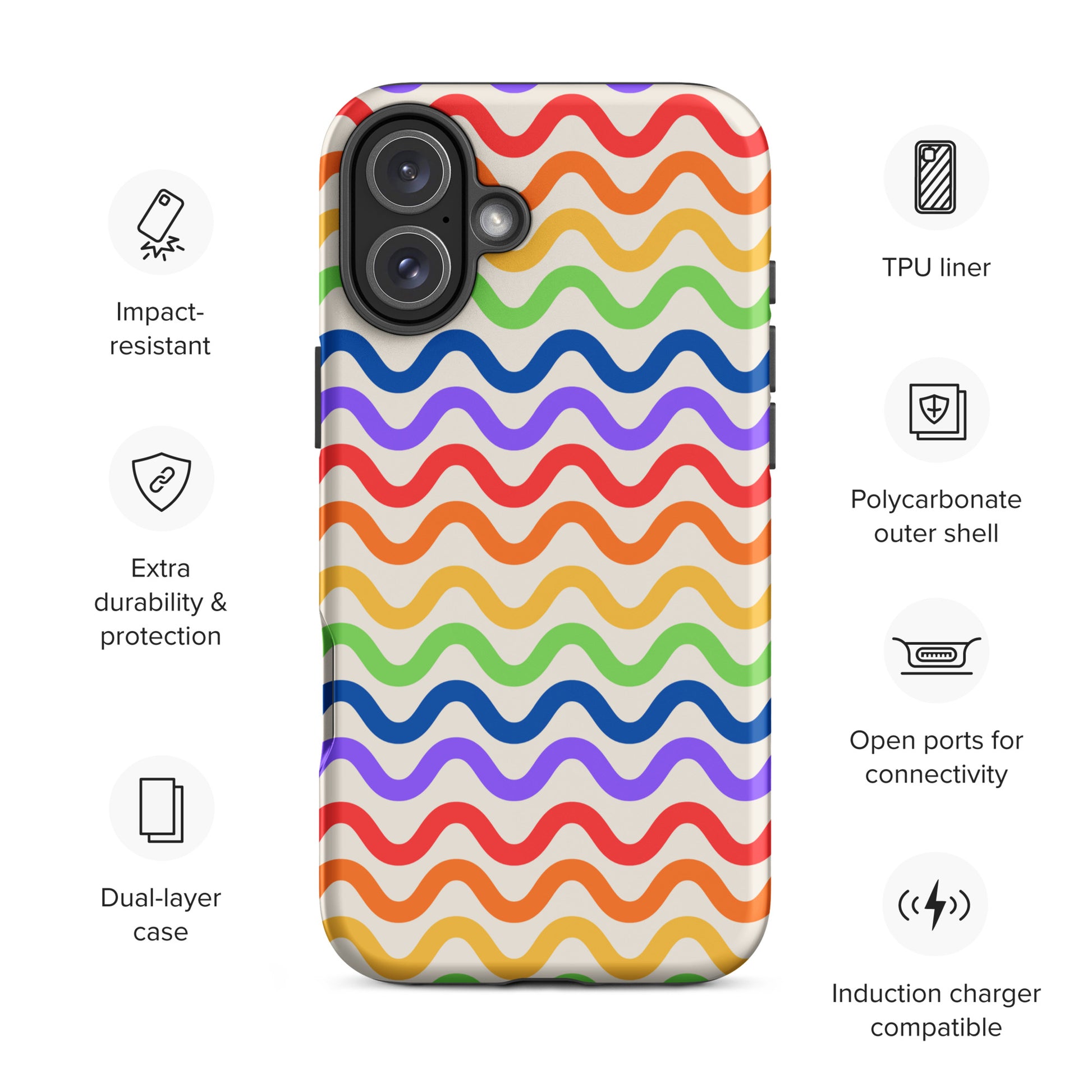Colorful wavy rainbow Phone Case for iPhone with durable dual-layer protection and impact-resistant design.