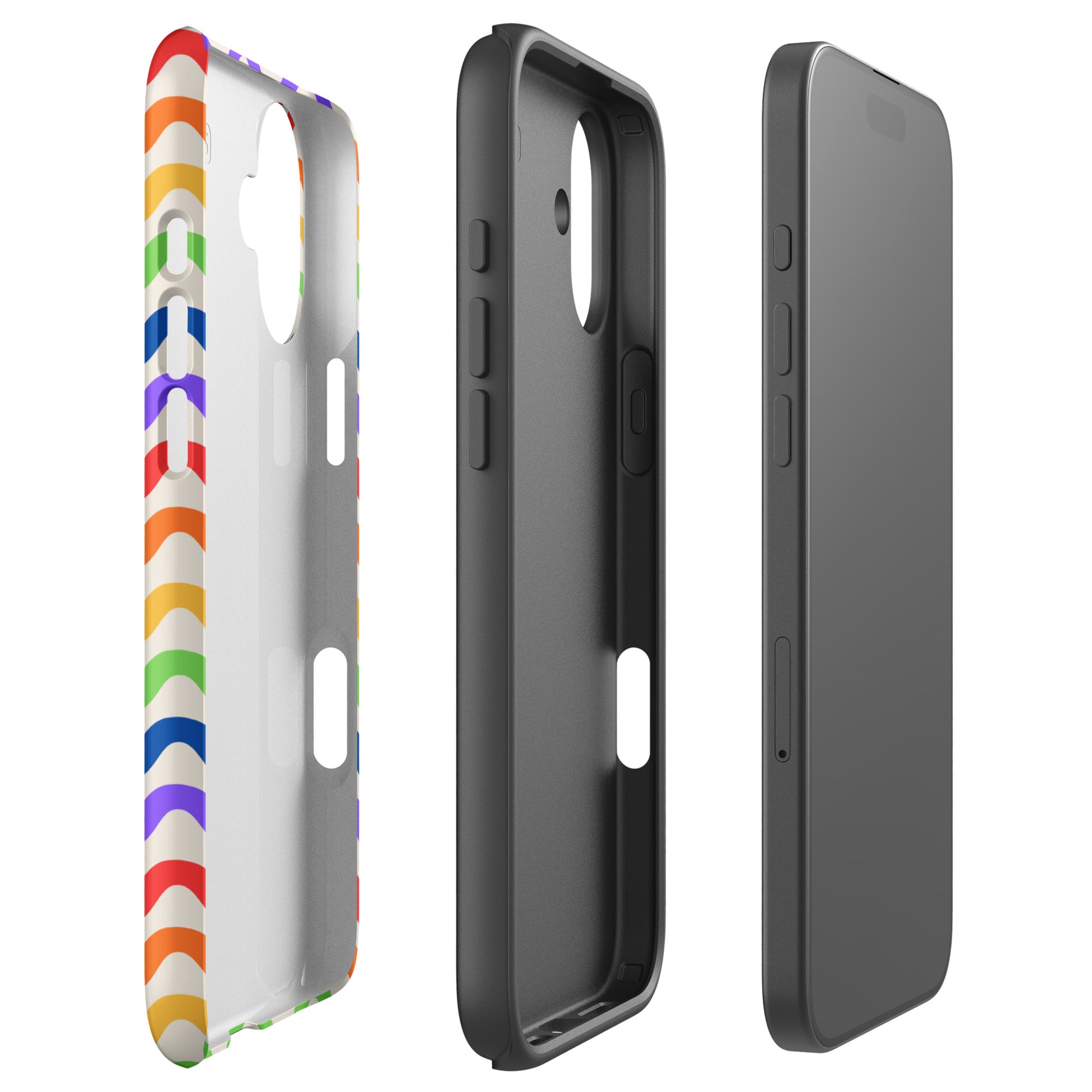 Phone Case for iPhone with wavy rainbow design and durable build, showcasing playful and tough style.