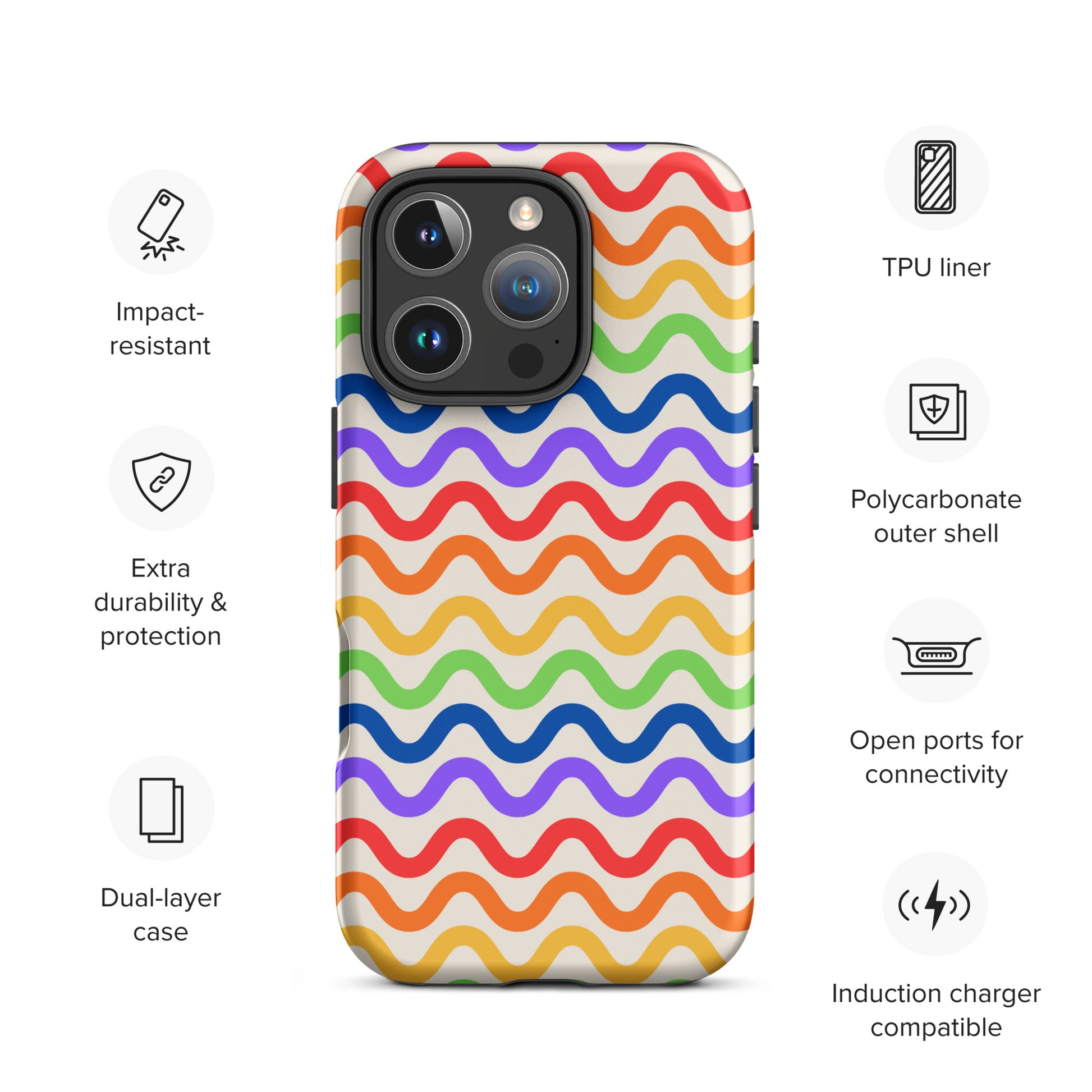 Phone Case for iPhone with wavy rainbow pattern, impact-resistant, dual-layer, and induction charger compatible.