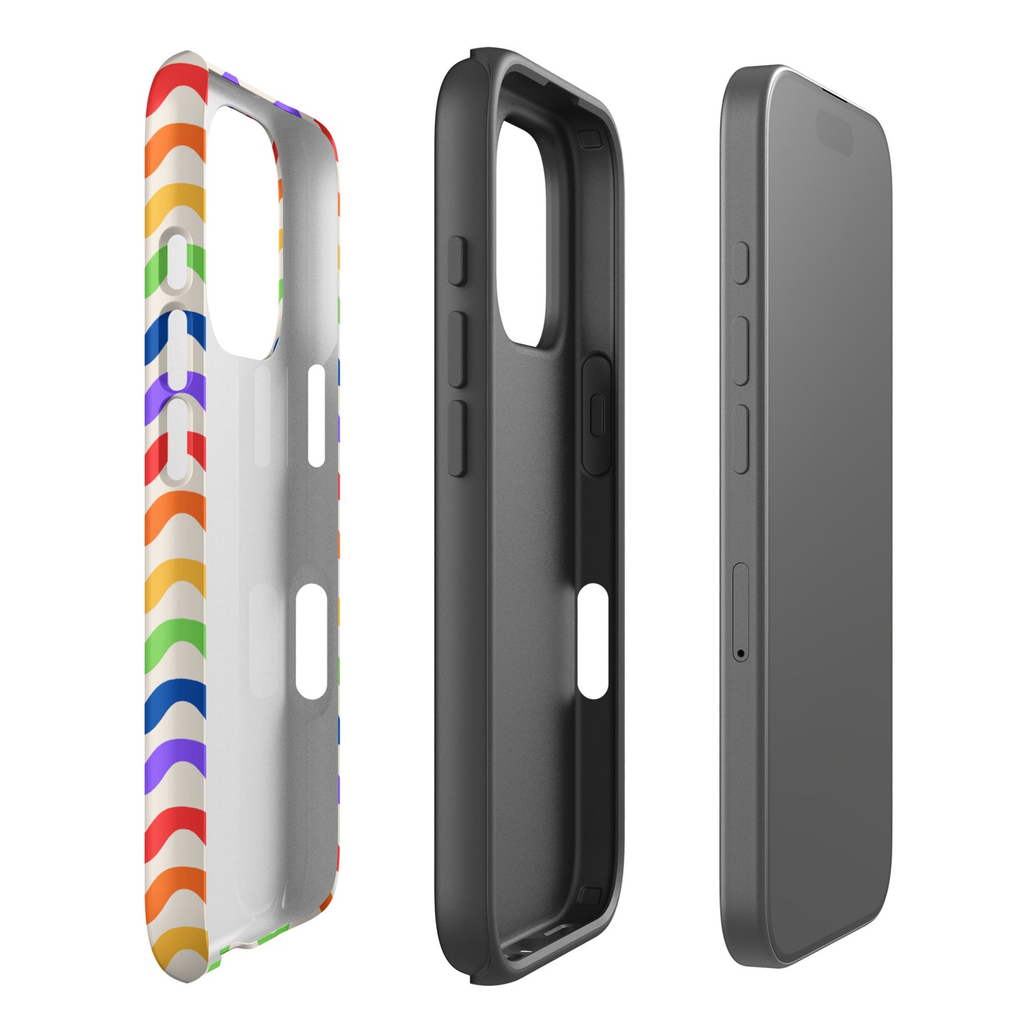 Phone Case for iPhone with wavy rainbow design showcasing vibrant purple, red, orange, yellow, green, and blue pattern on a white background.