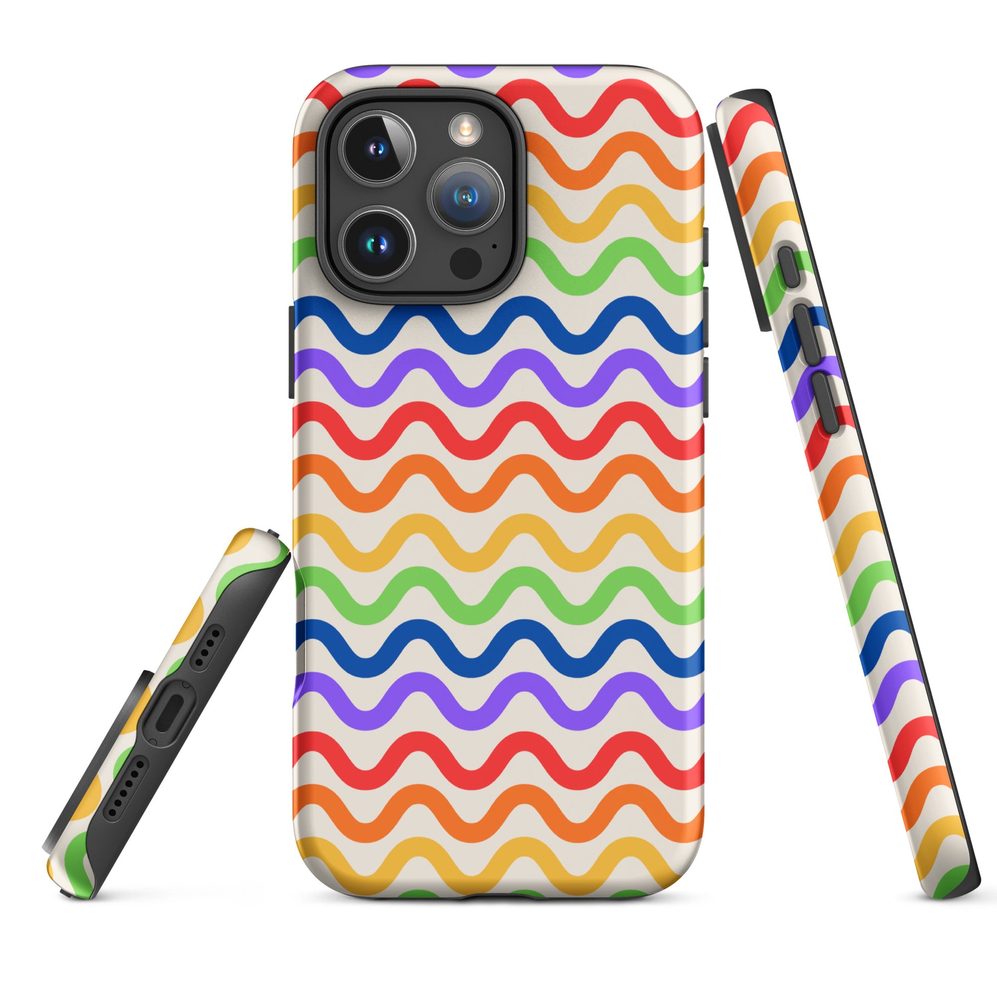 Phone Case for iPhone with colorful wavy rainbow pattern, showcasing tough playful style on a soft white backdrop.