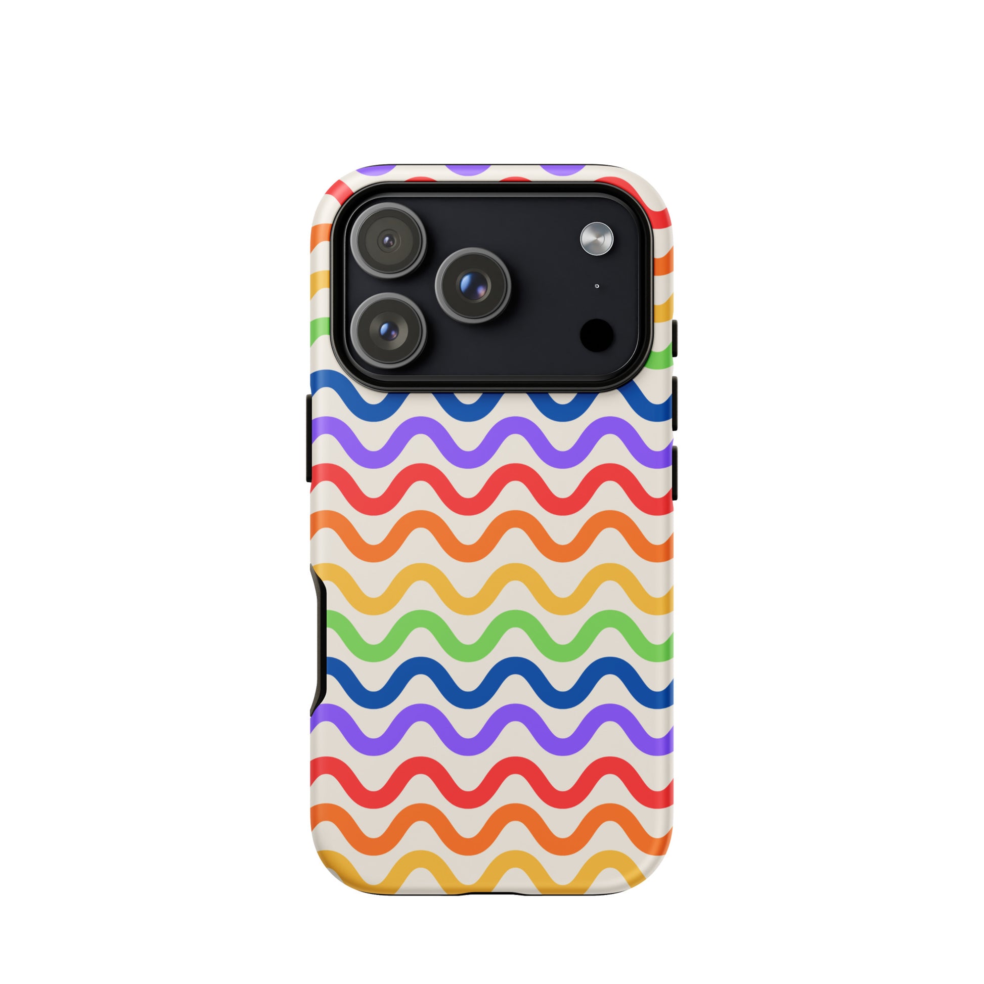 Phone Case for iPhone with wavy rainbow groove pattern in purple, red, orange, yellow, green, blue on white background.
