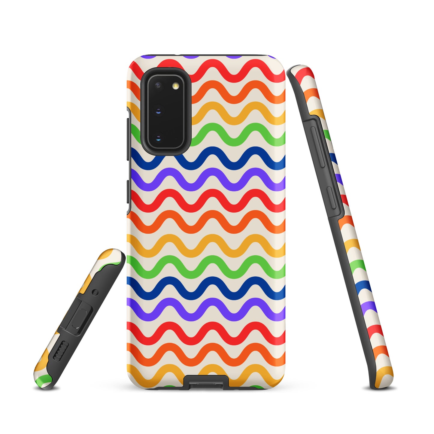 Wavy Rainbow Groove Phone Case for Samsung Galaxy showcasing colorful wavy pattern with red, orange, yellow, green, and blue stripes.