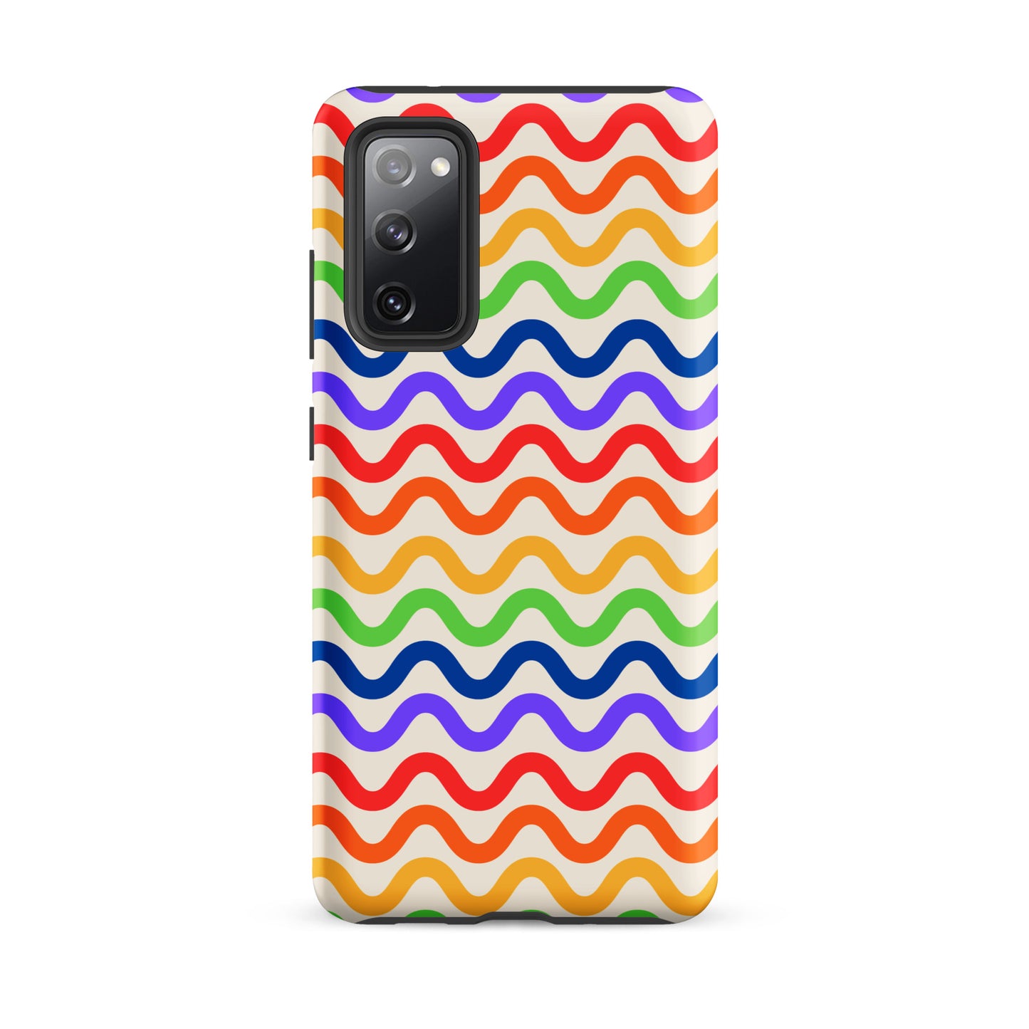 Phone Case for Samsung Galaxy with wavy rainbow pattern featuring purple, red, orange, yellow, green, and blue waves on a white backdrop.