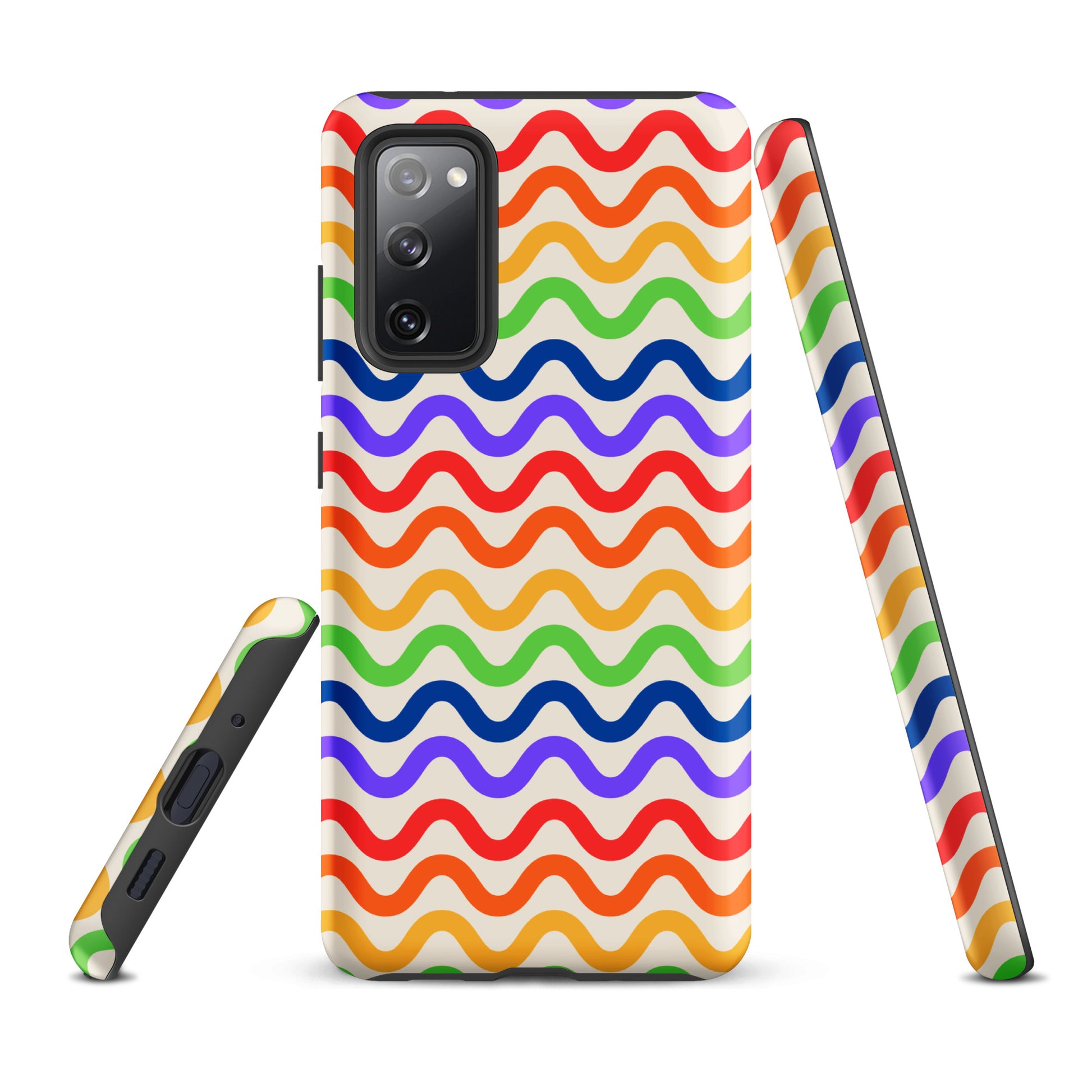 Phone Case for Samsung Galaxy with wavy rainbow pattern, featuring smooth multicolored lines on a white background.