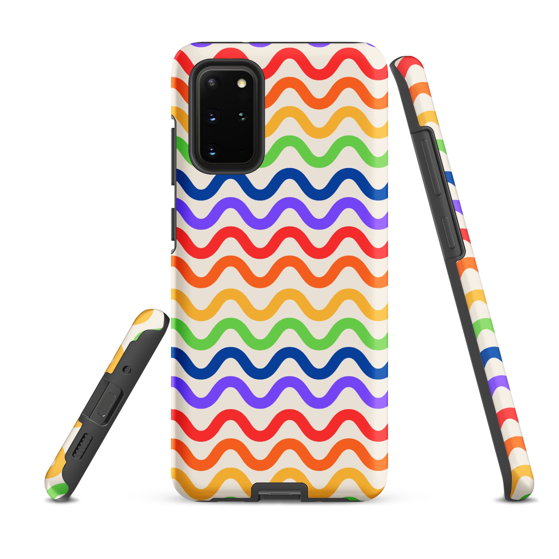 Phone Case for Samsung Galaxy with wavy rainbow pattern featuring purple, red, orange, yellow, green, and blue waves on a white background.