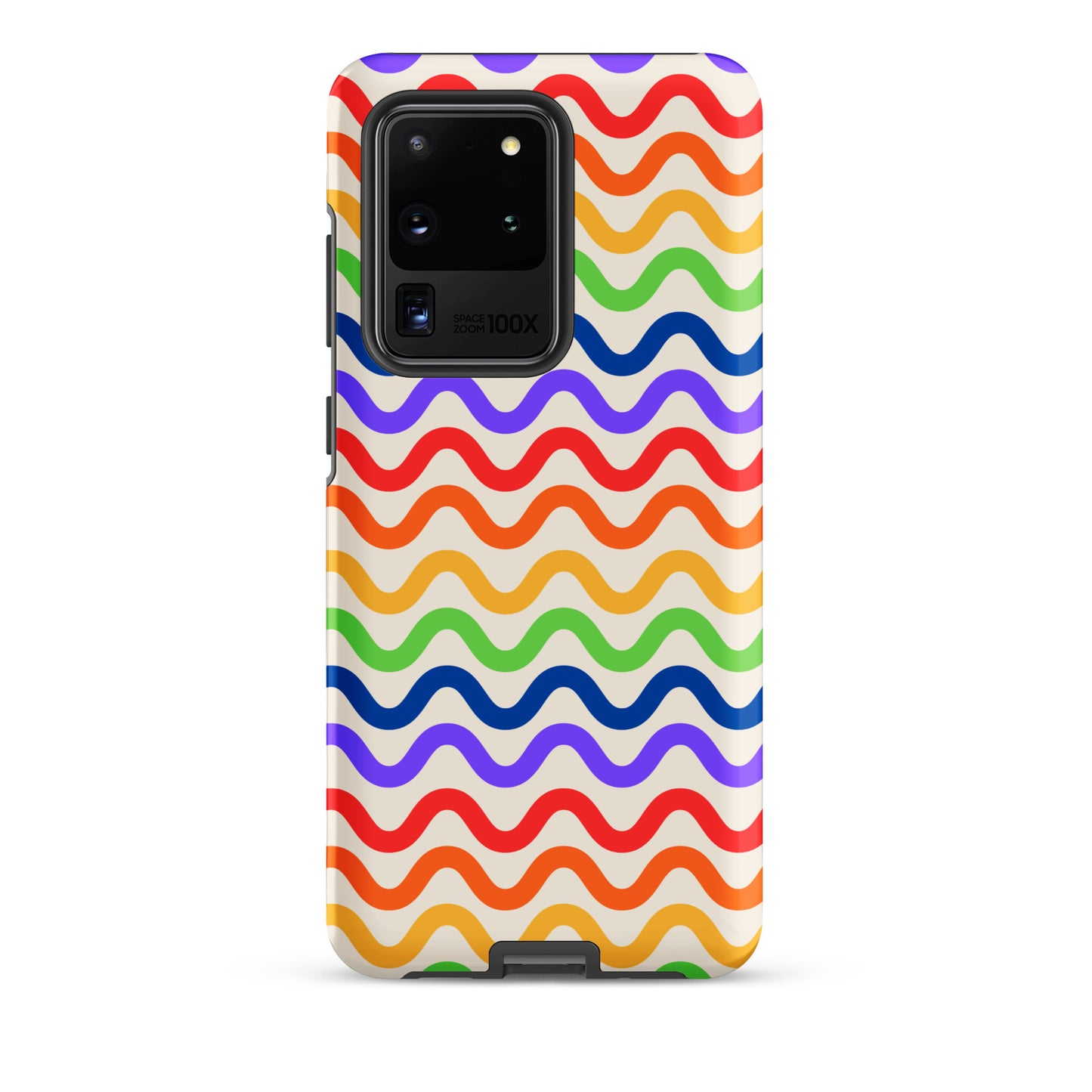 Phone Case for Samsung Galaxy with wavy rainbow design featuring loops in purple, red, orange, yellow, green, and blue on a white backdrop.