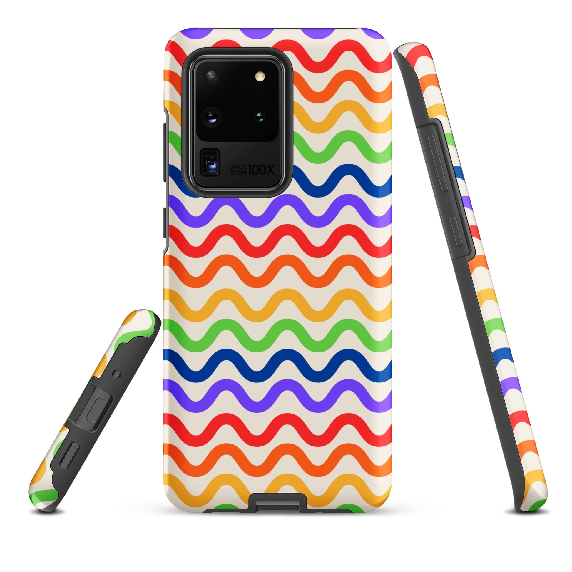 Phone Case for Samsung Galaxy with wavy rainbow pattern featuring purple, red, orange, yellow, green, and blue on white background.