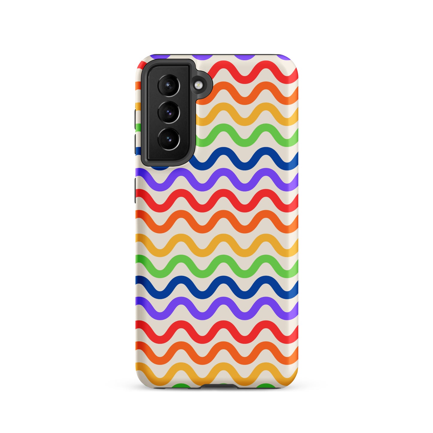 Phone Case for Samsung Galaxy with wavy rainbow pattern, featuring purple, red, orange, yellow, green, and blue on a white background.