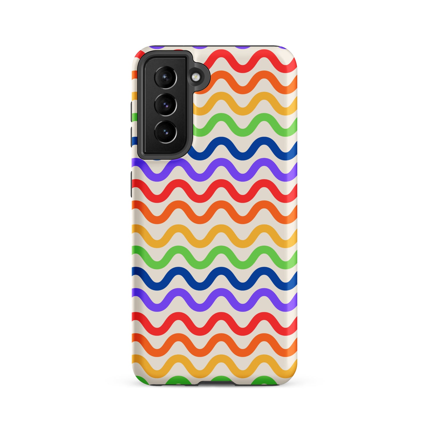 Phone Case for Samsung Galaxy with vibrant wavy rainbow pattern on white backdrop, featuring purple, red, orange, yellow, green, and blue lines.