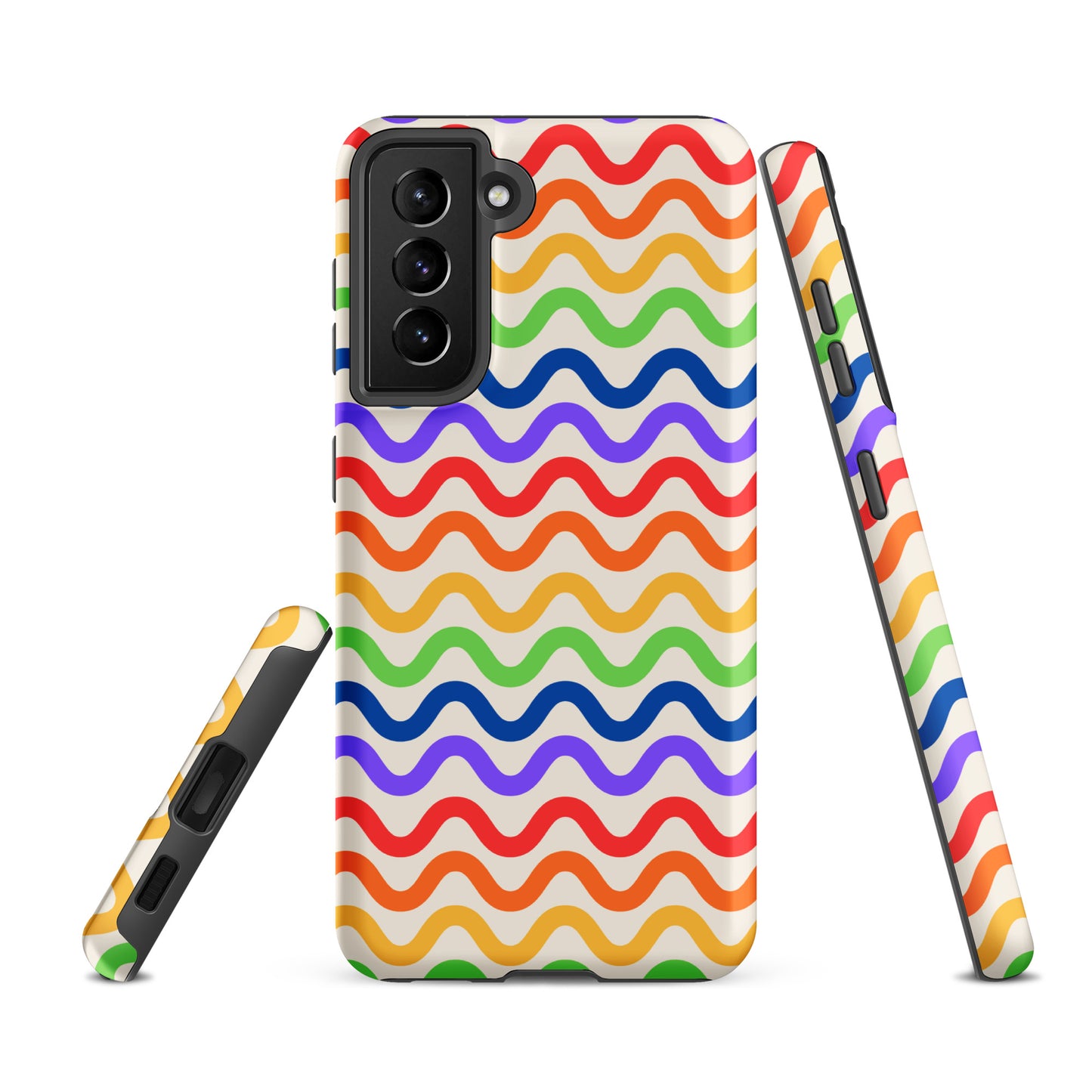 Phone Case for Samsung Galaxy with wavy rainbow groove design, featuring vibrant colors of purple, red, orange, yellow, green, and blue.