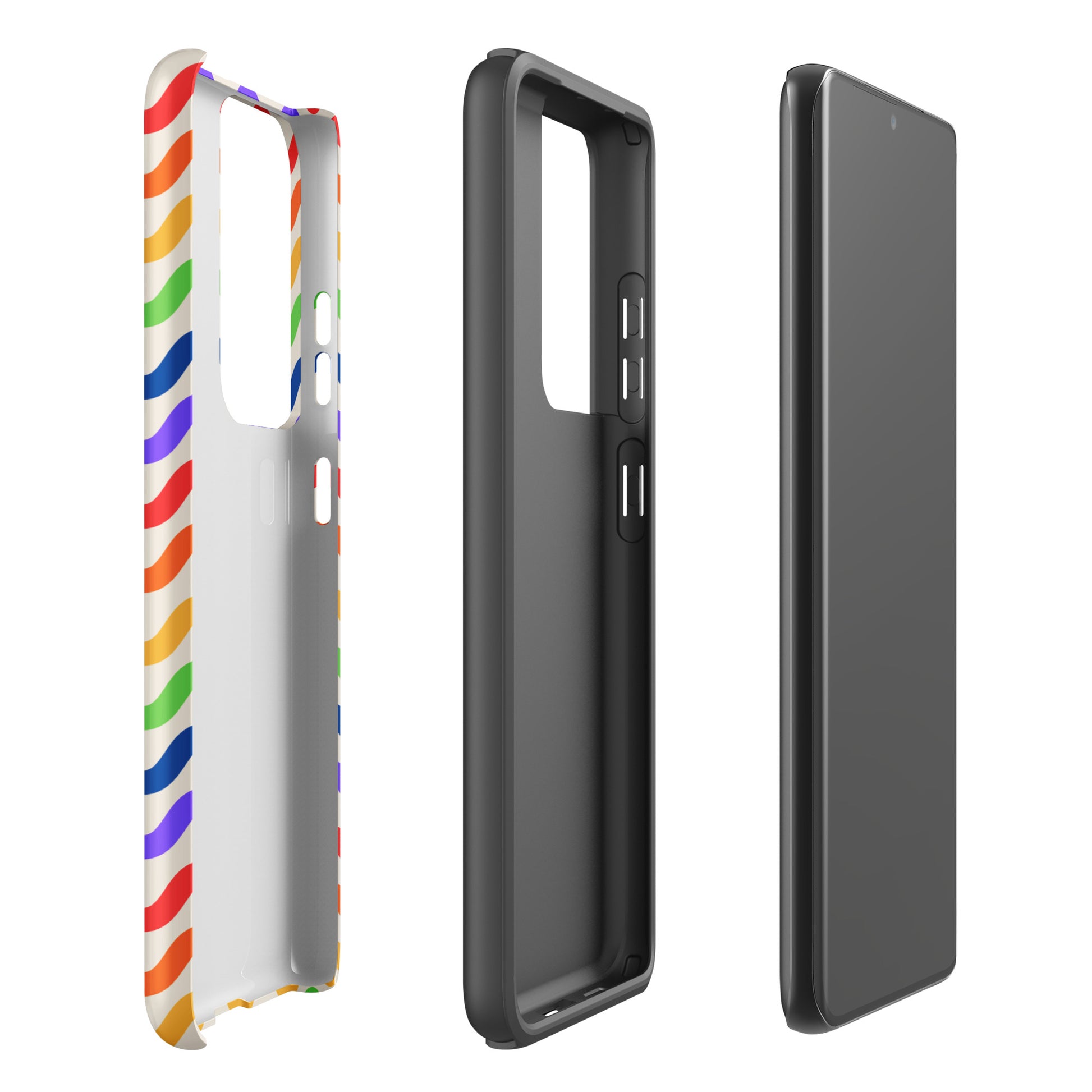Phone Case for Samsung Galaxy with wavy rainbow pattern in purple, red, orange, yellow, green, and blue on a soft white backdrop.