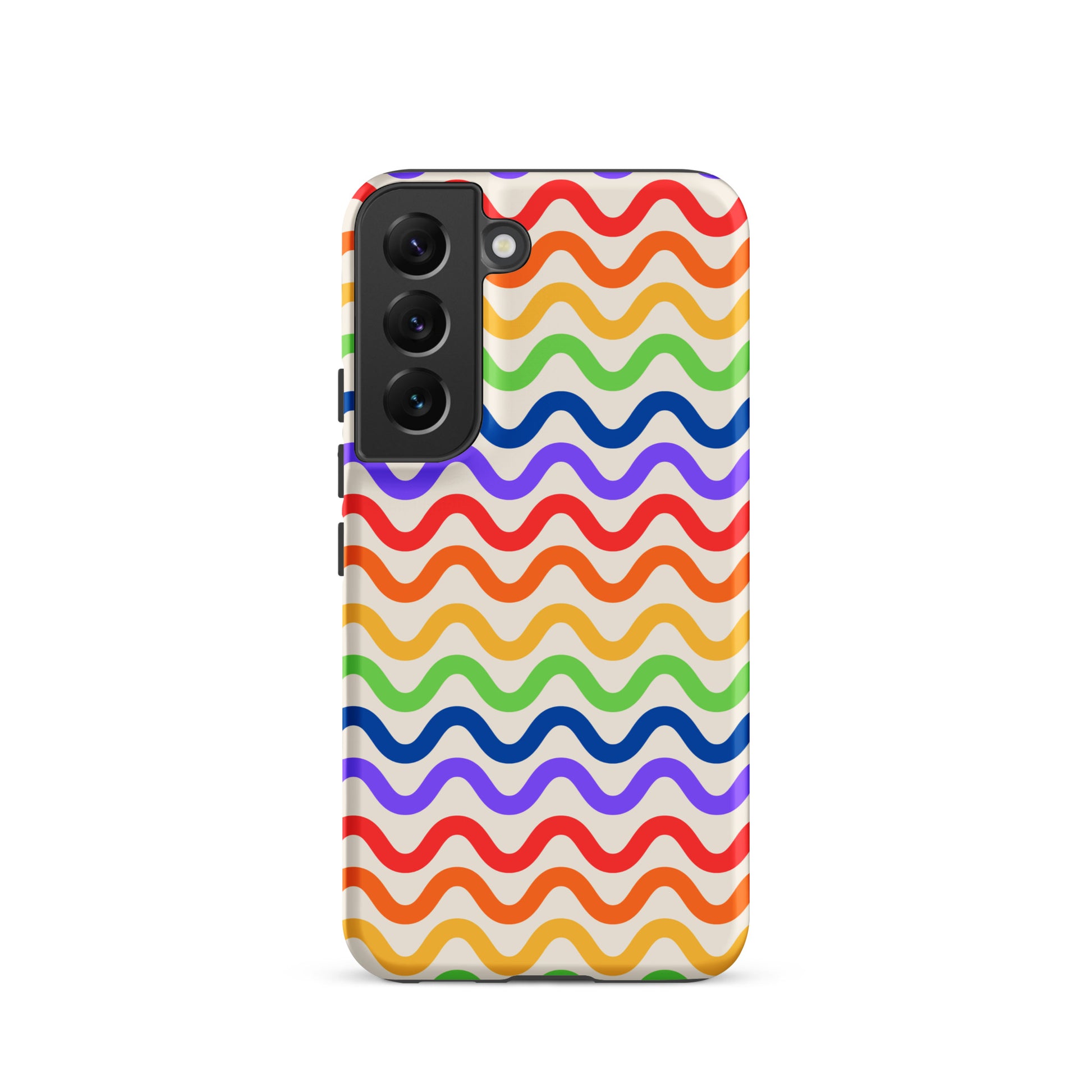 Phone Case for Samsung Galaxy featuring a vibrant wavy rainbow groove design with looping lines in multiple colors on a soft white backdrop.