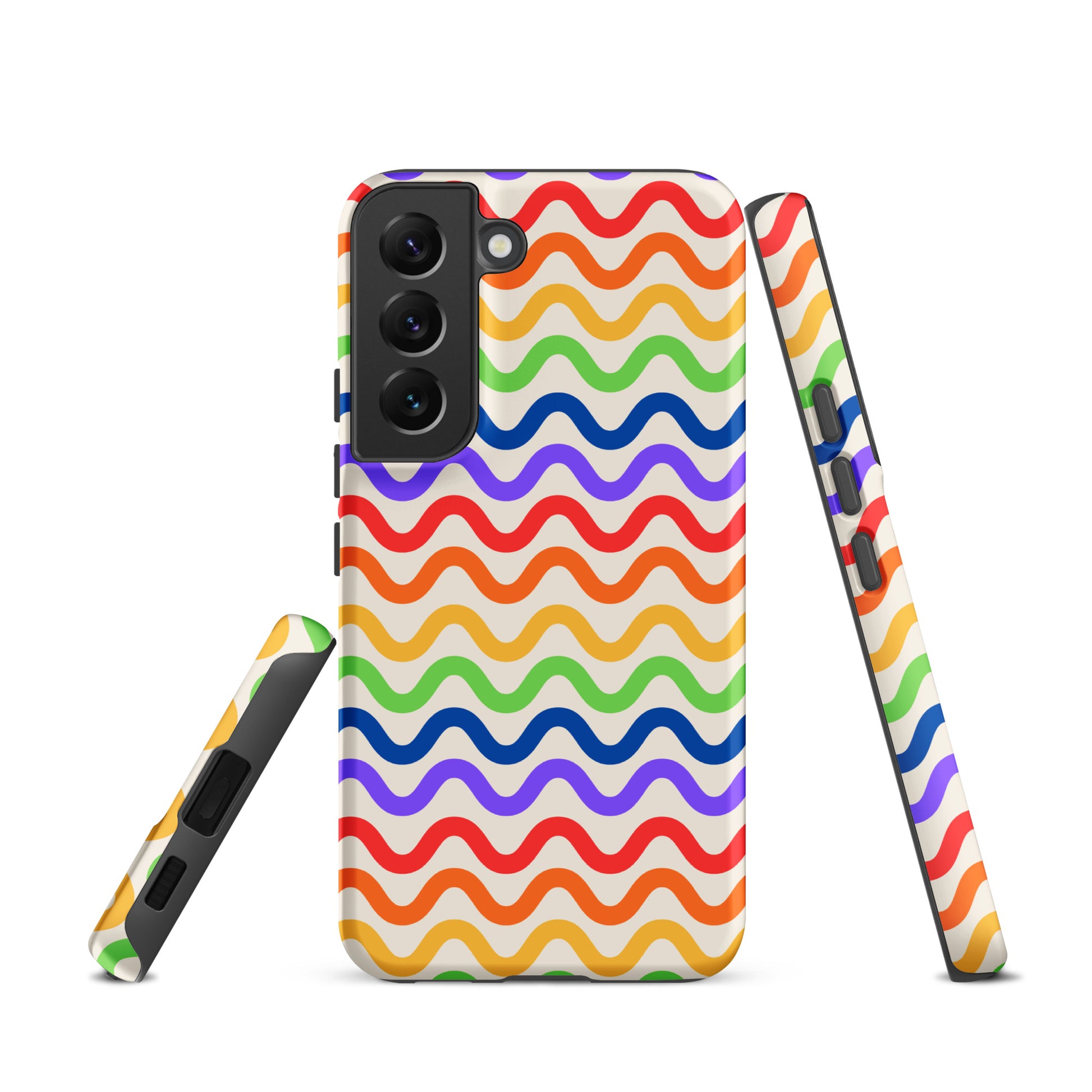 Phone Case for Samsung Galaxy with wavy rainbow pattern featuring purple, red, orange, yellow, green, and blue lines on a white backdrop.