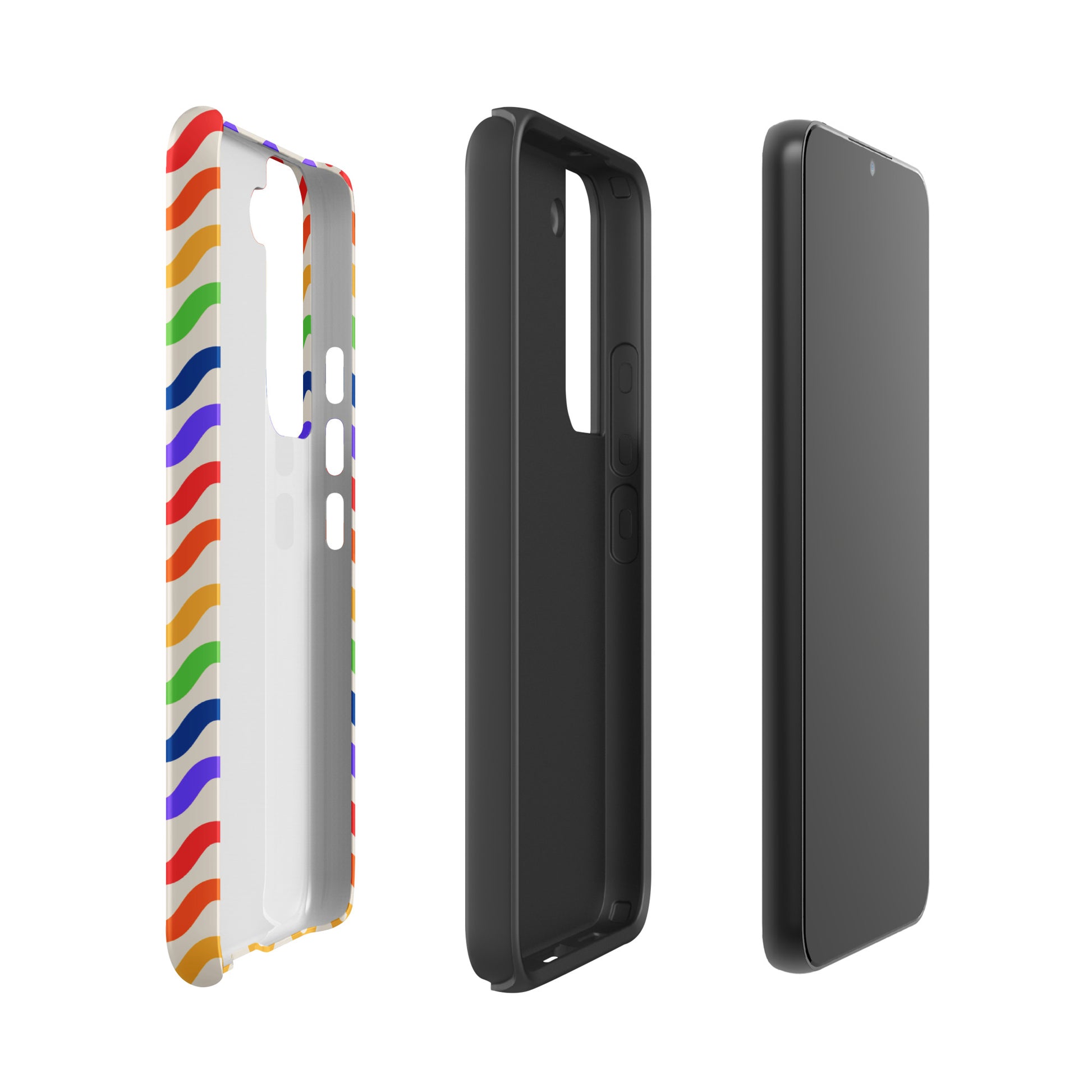 Phone Case for Samsung Galaxy with wavy rainbow design showing vibrant colors and protection features in three-piece view.