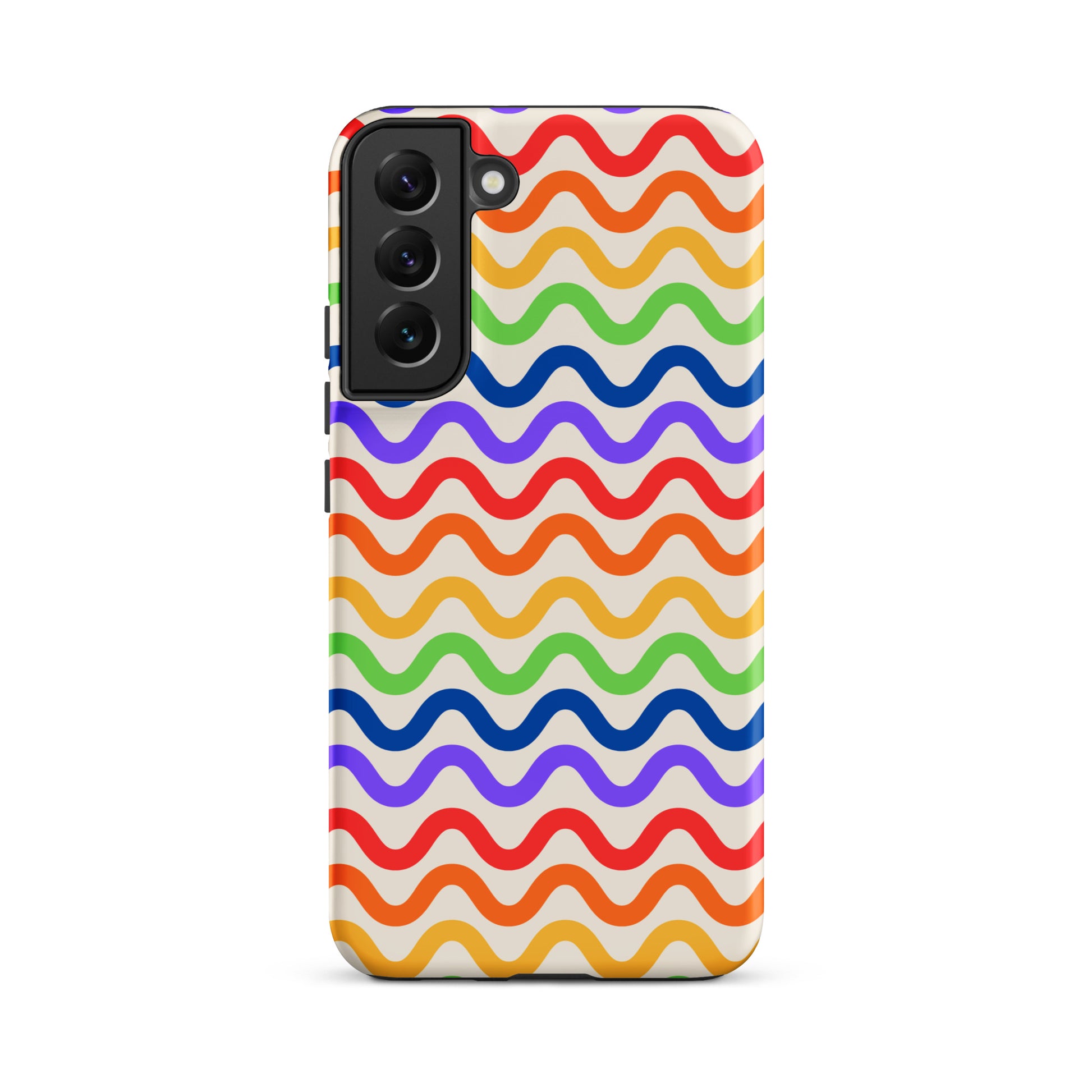 Phone Case for Samsung Galaxy with wavy rainbow design featuring purple, red, orange, yellow, green, and blue on a white background.