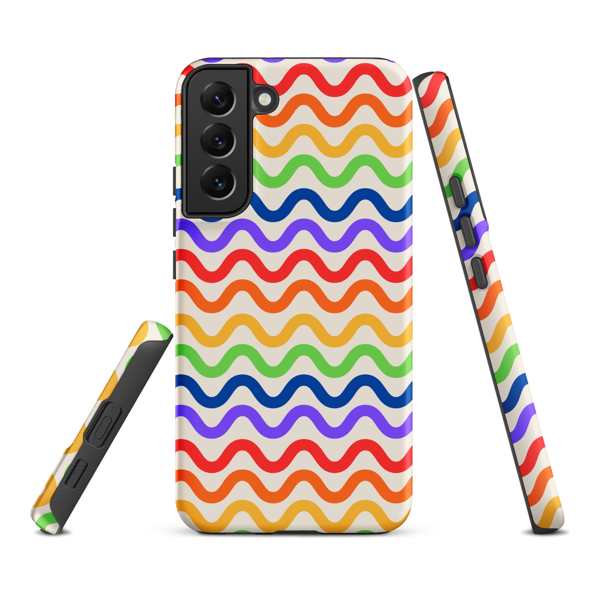 Phone Case for Samsung Galaxy with wavy rainbow pattern in purple, red, orange, yellow, green, and blue on a white background.