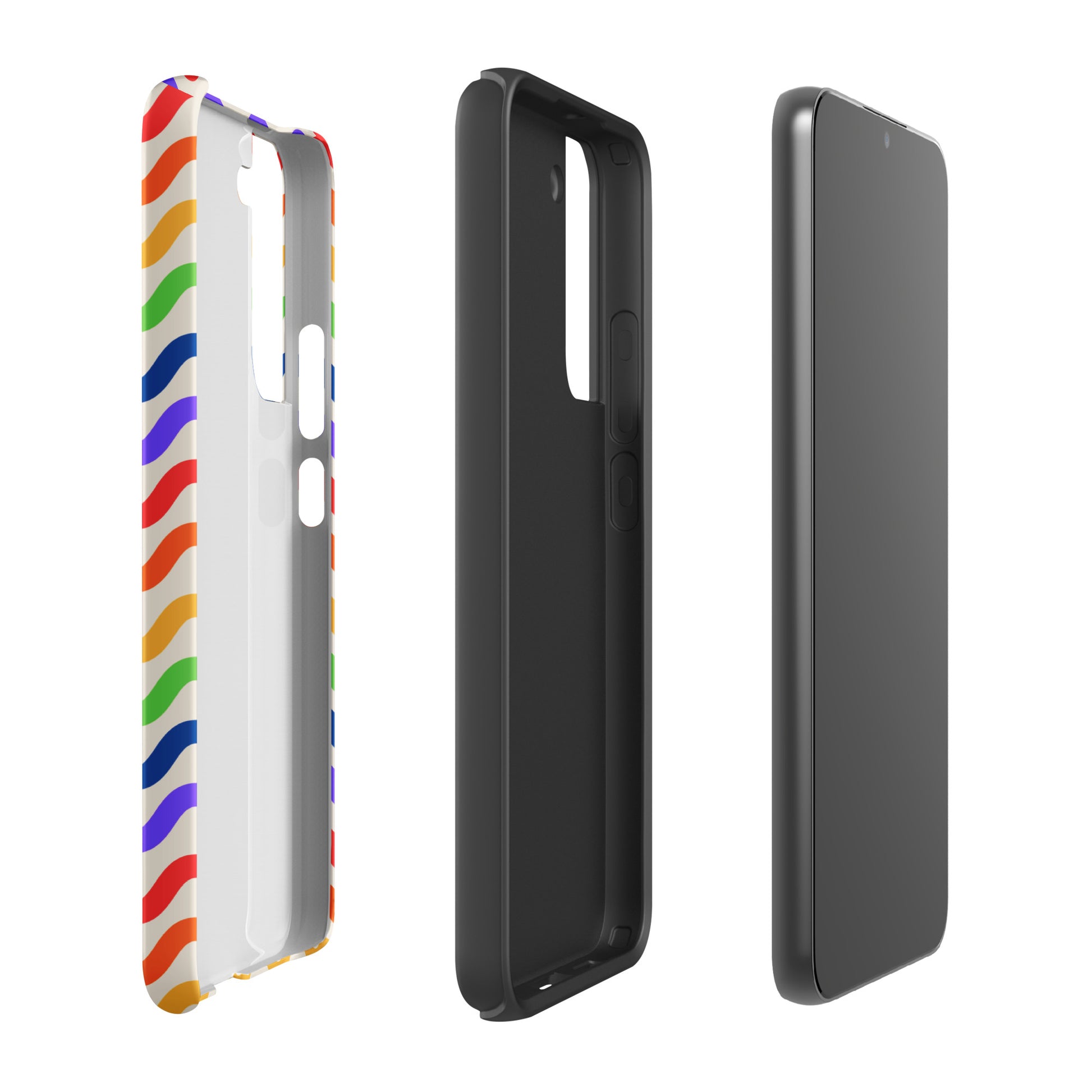 Phone Case for Samsung Galaxy with wavy rainbow design, showing protective layers and colorful pattern.