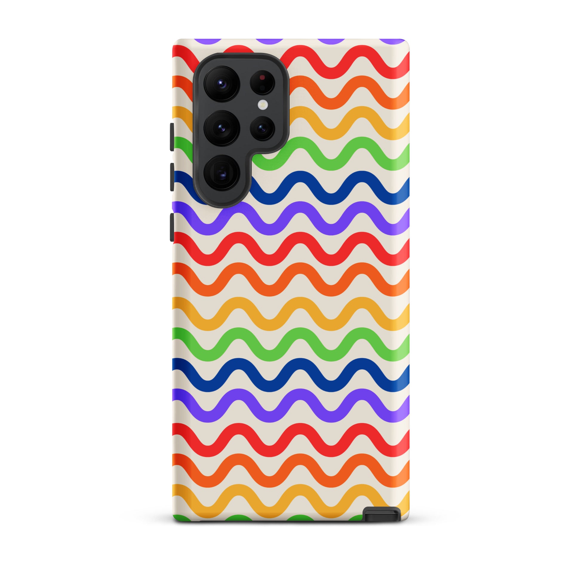Phone Case with wavy rainbow pattern for Samsung Galaxy, featuring playful wavy grooves in purple, red, orange, yellow, green, and blue.