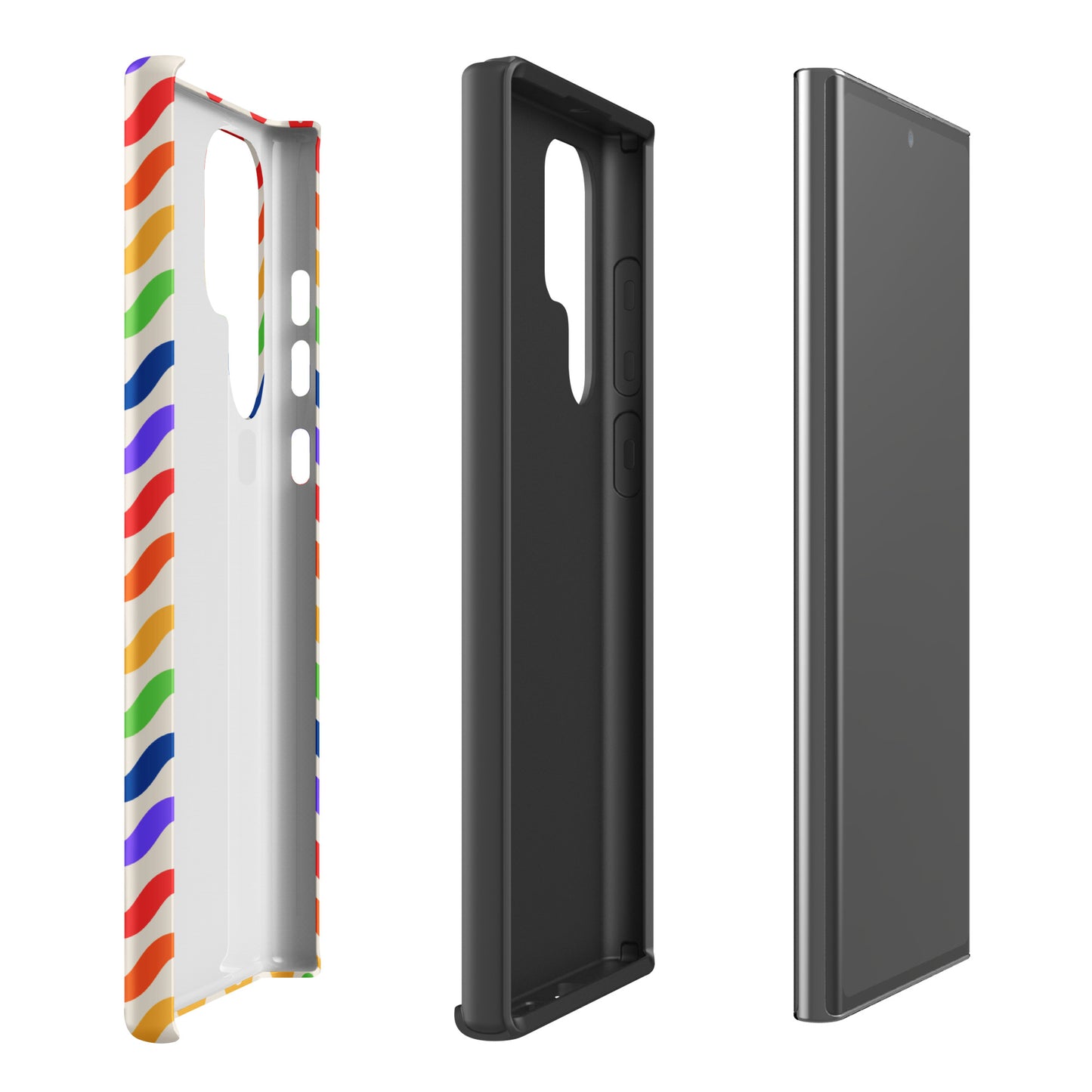 Phone Case for Samsung Galaxy with wavy rainbow design offering playful energy and strong protection, shown in three angles.