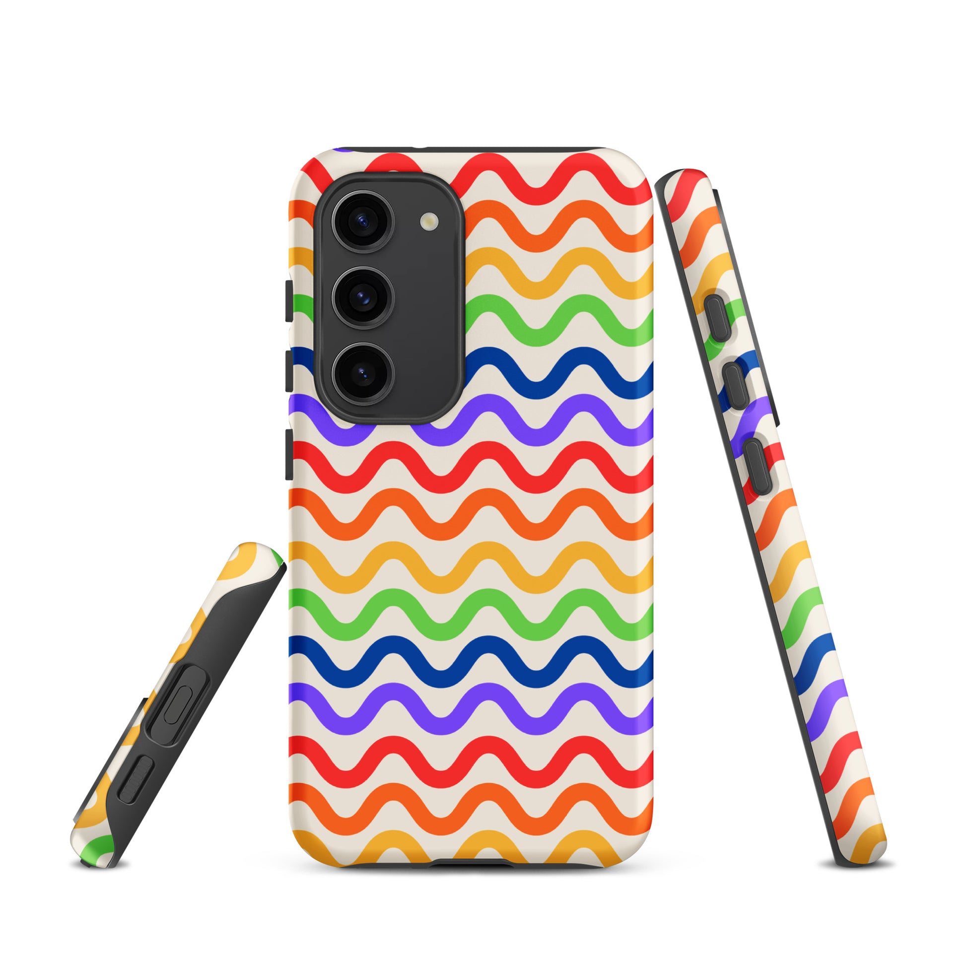 Phone Case for Samsung Galaxy with wavy rainbow pattern offering vibrant protection and style in purple, red, orange, yellow, green, blue.