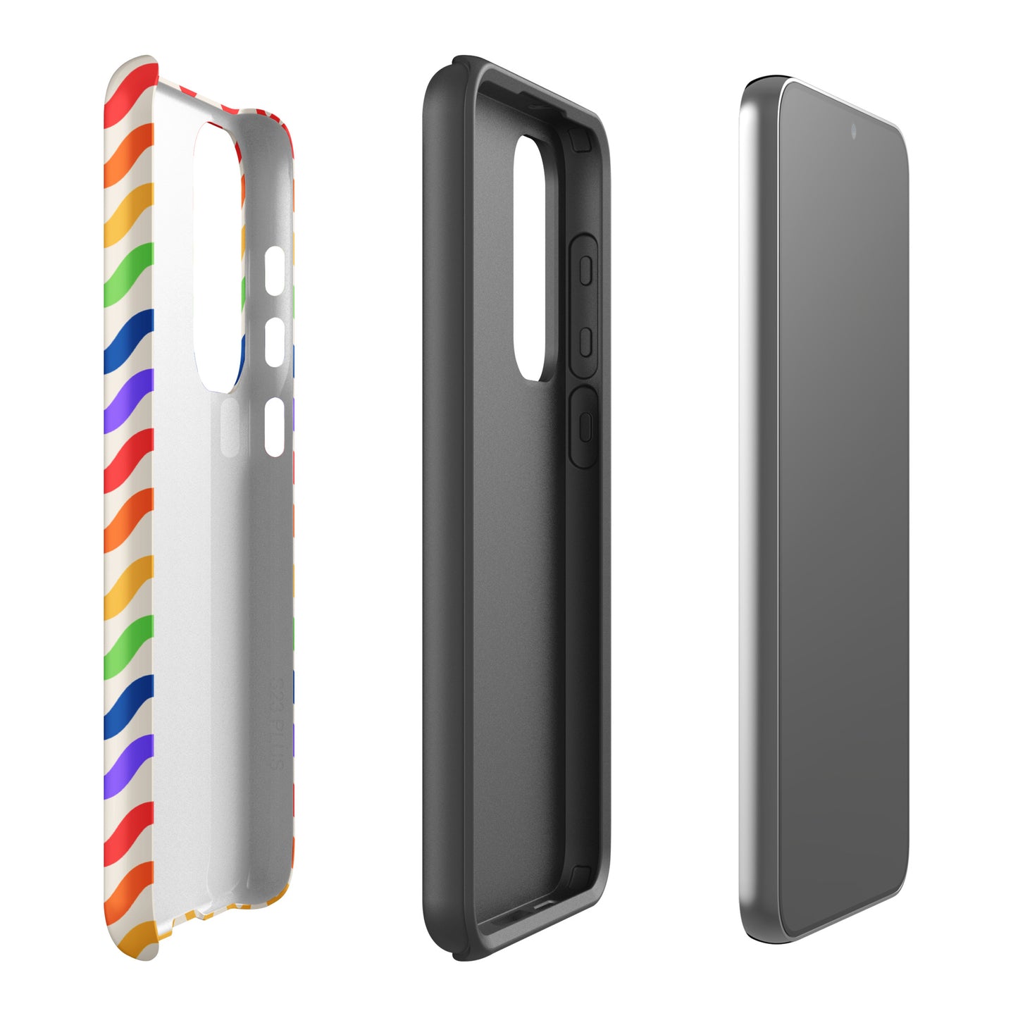 Phone Case for Samsung Galaxy with wavy rainbow design, showcasing vibrant protection in multiple views, including the case and phone.