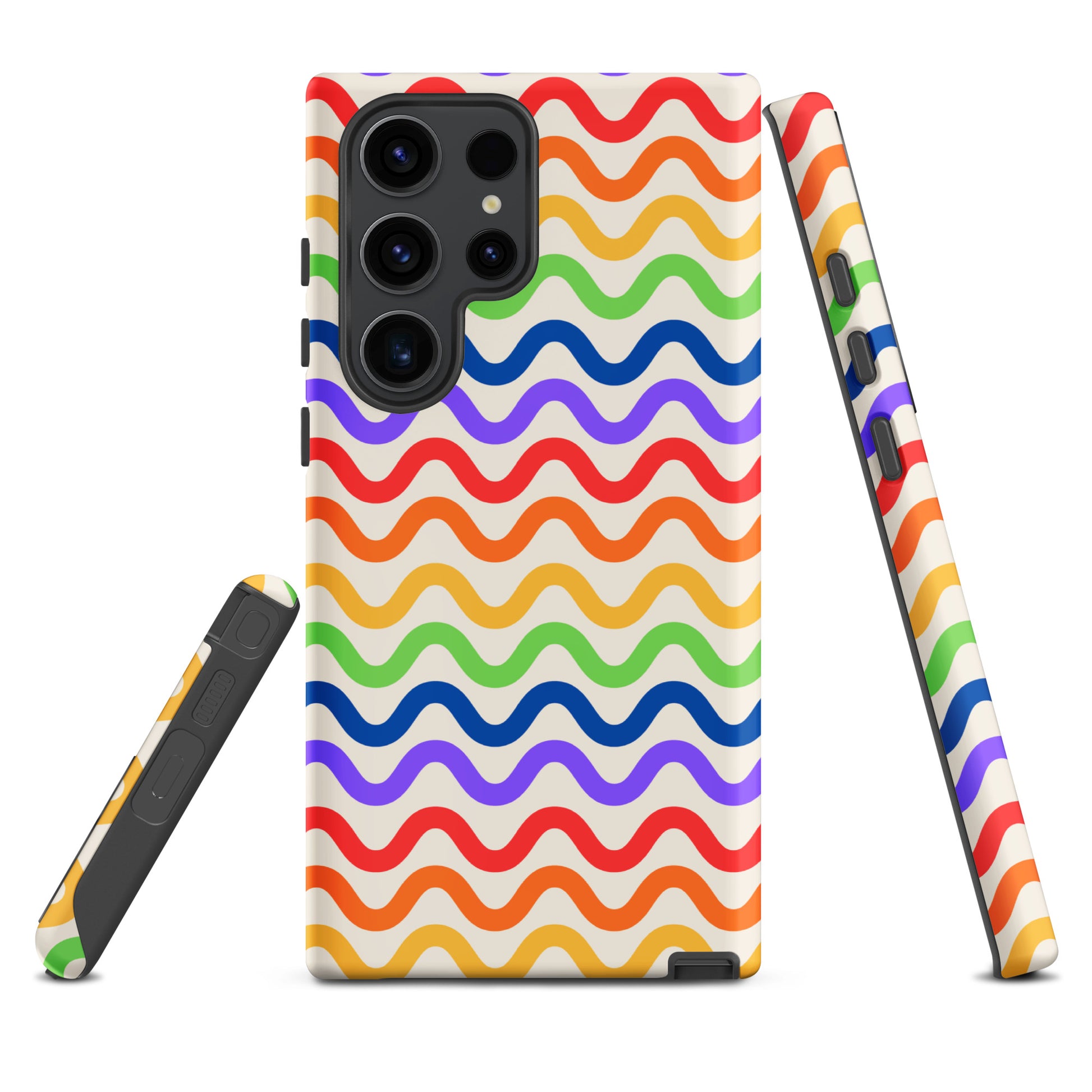 Phone Case for Samsung Galaxy with wavy rainbow pattern, vibrant colors, and soft white backdrop offering stylish protection.